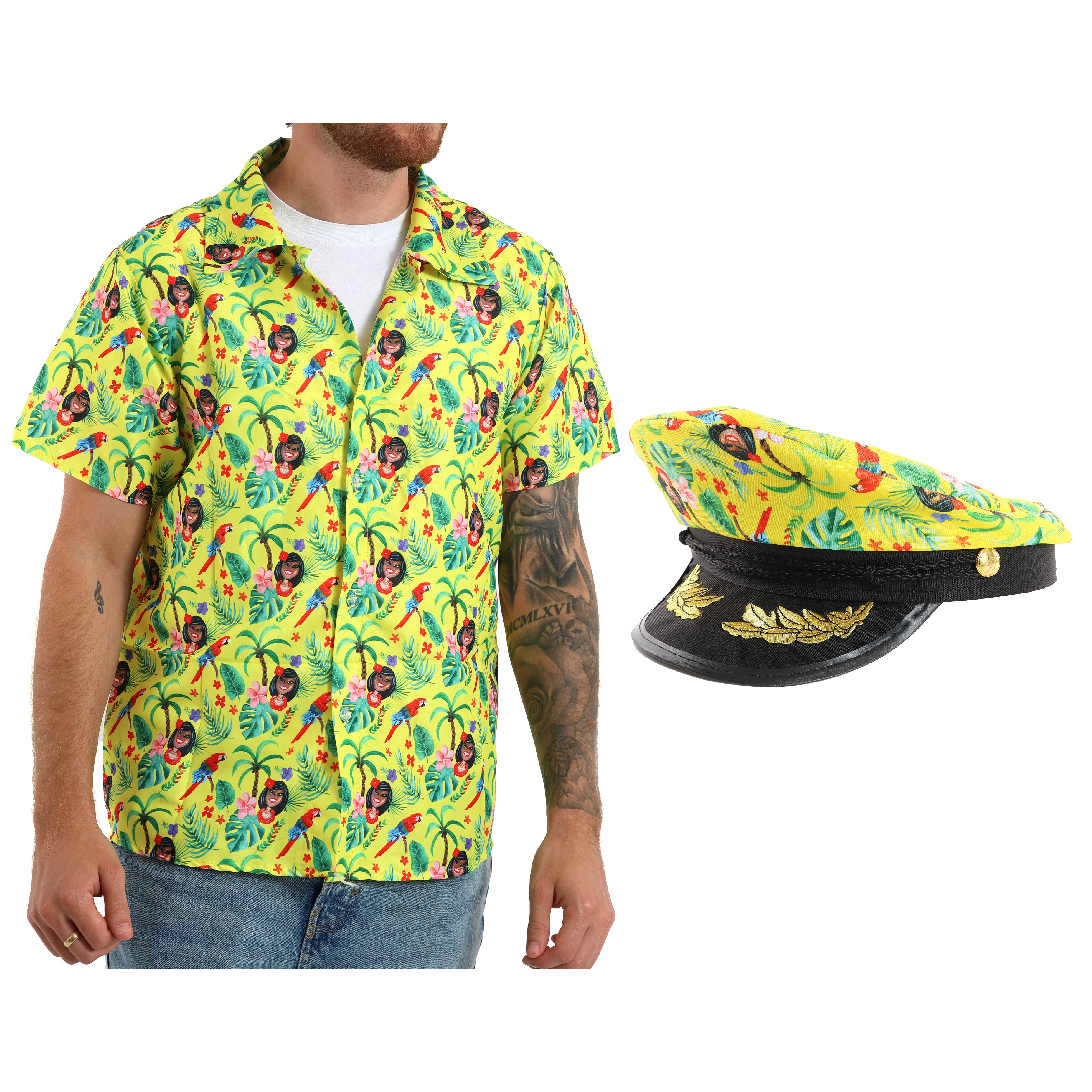 Unisex Hawaiian Shirt and Matching Sailor Hat - Yellow