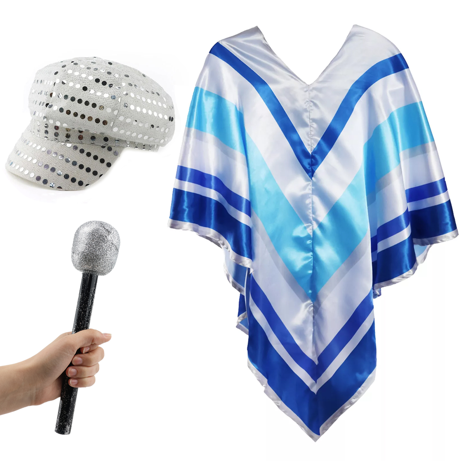 Adults 70's Poncho Costume | 3 Pcs | Poncho, Silver Sequin Hat & Microphone