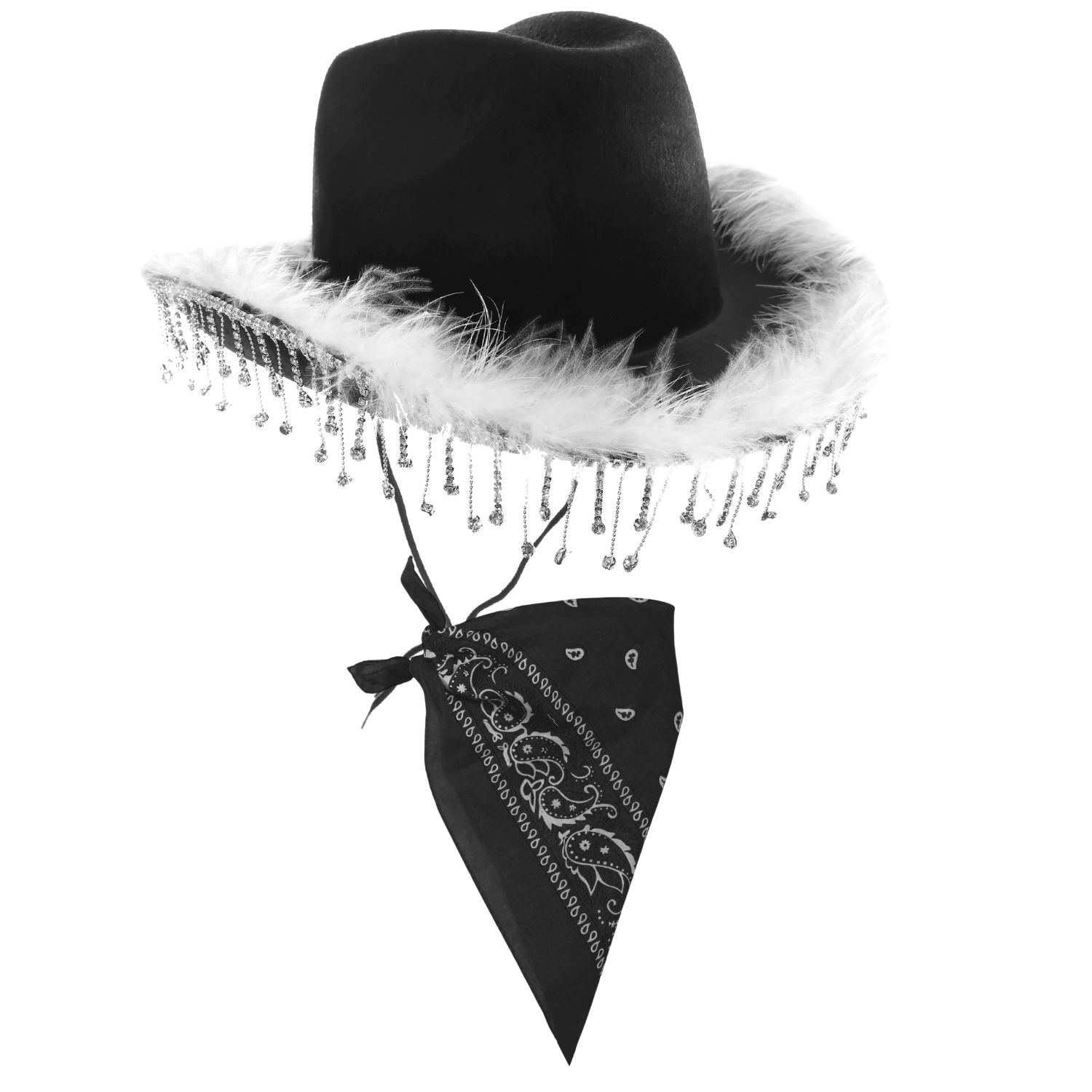 Black Cowboy Hat with Diamantes + Marabou Trim & Black Paisley Bandana