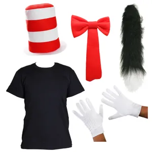 Adults Crazy Cat Costume Set - Striped Hat, Black T-Shirt, Thick Fluffy Tail, Red Tie & White Gloves