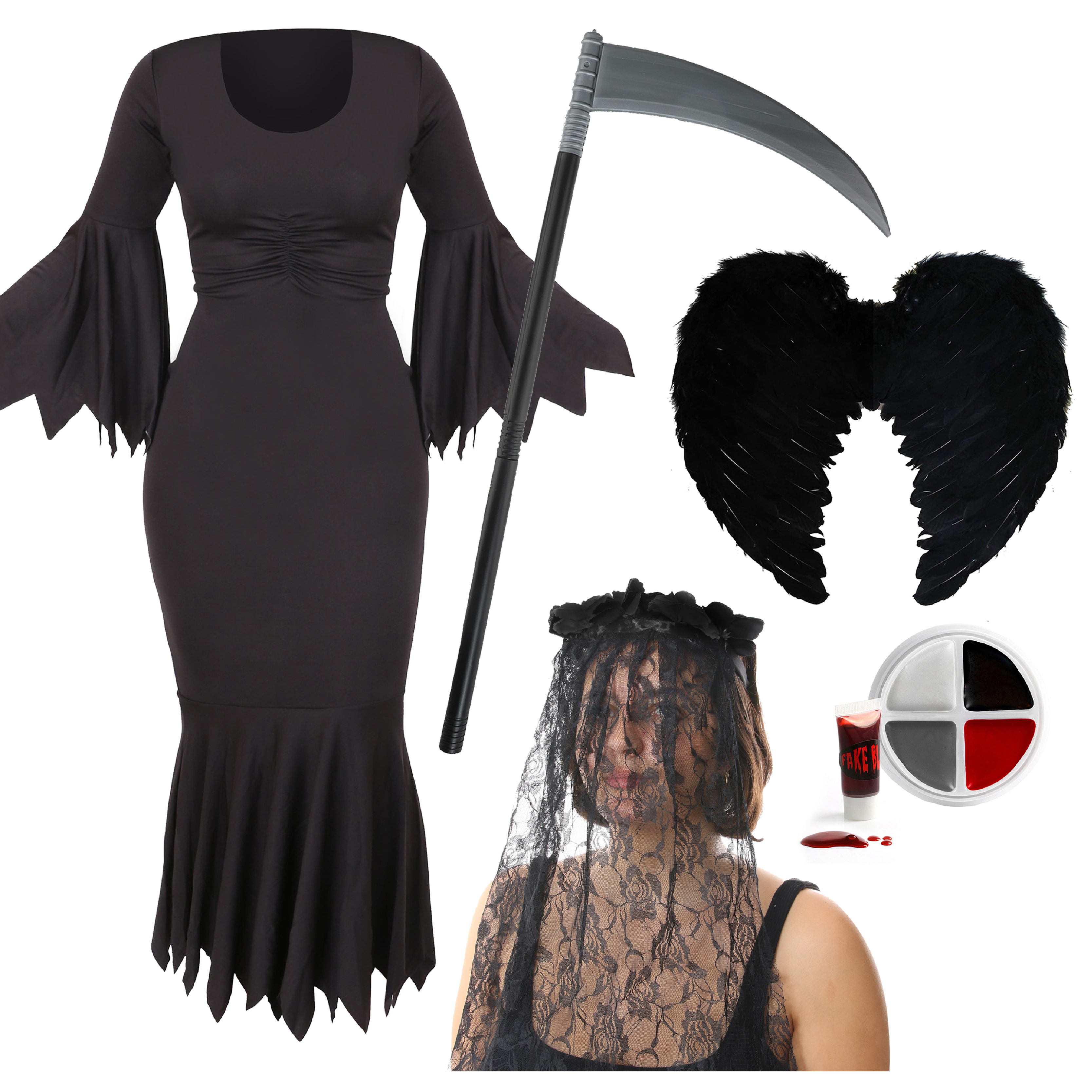 Ladies Reaper Costume - Dress, Wings, Face Paint, Scythe & Veil