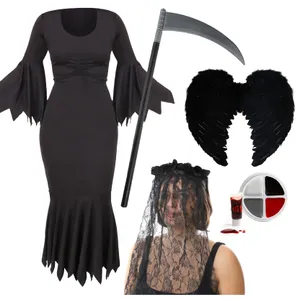Ladies Reaper Costume - Dress, Wings, Face Paint, Scythe & Veil