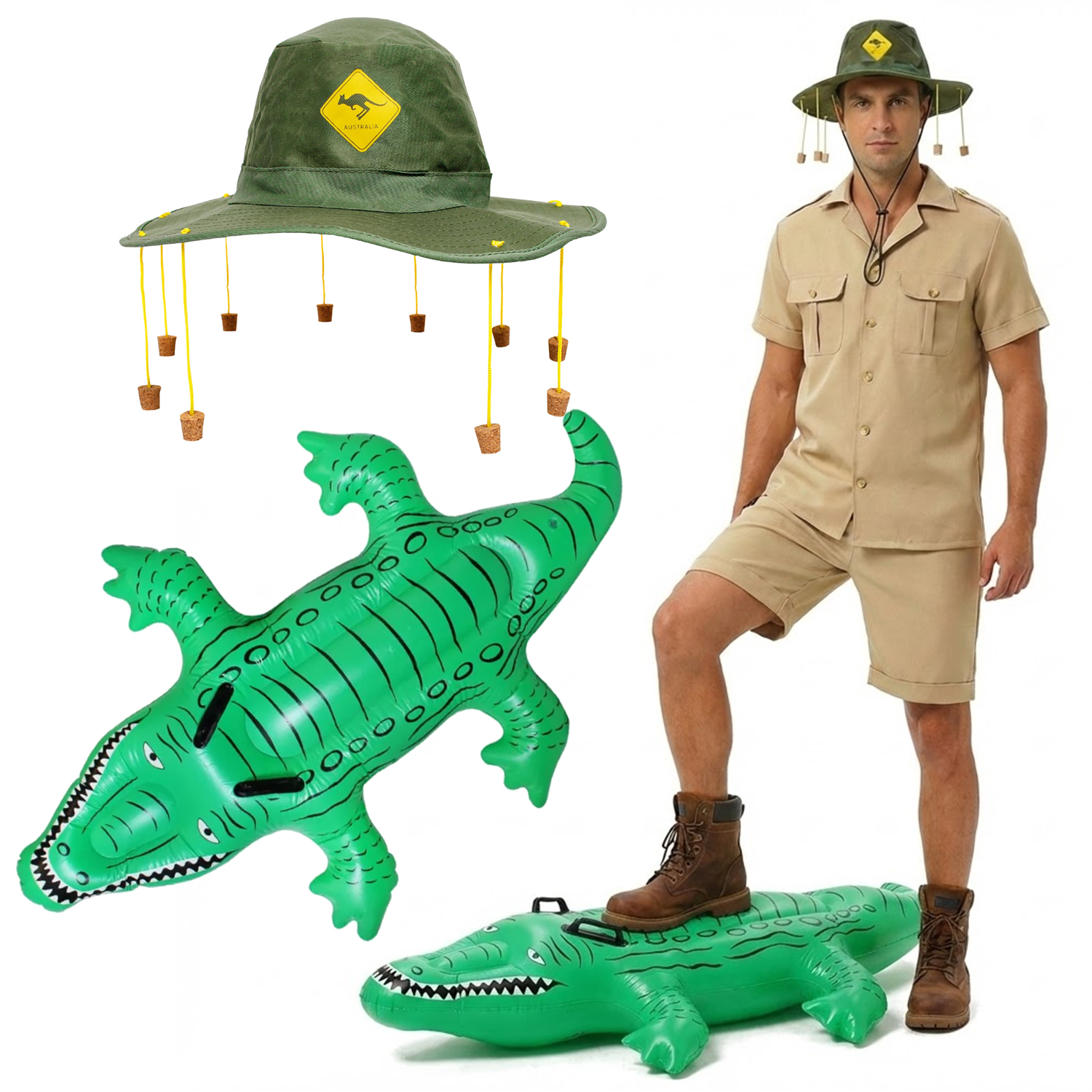 Adults Australian Explorer Costume | 4 Pcs | Shirt, Shorts, Kangaroo Cork Hat & Inflatable Crocodile