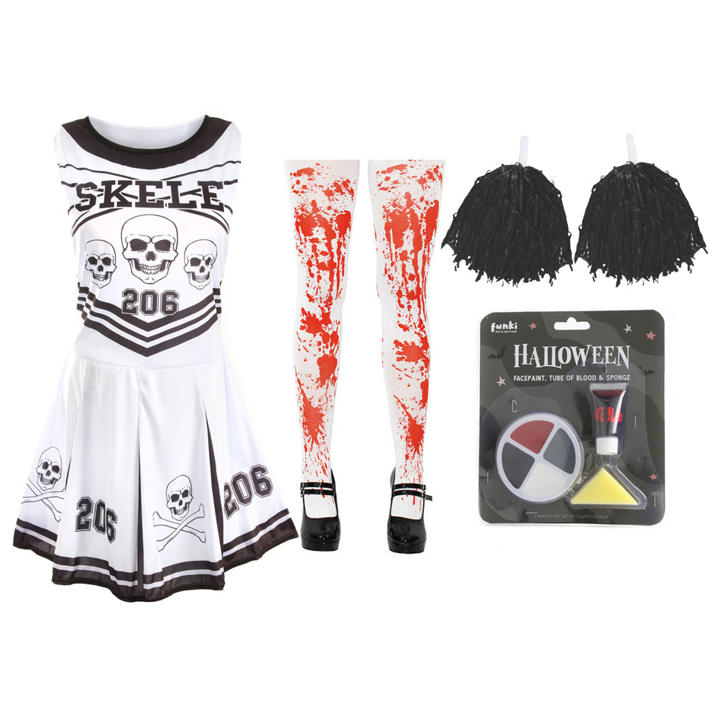 Ladies Halloween Skeleton Cheerleader - Facepaint, Bloody Tights, and Black Pom Poms