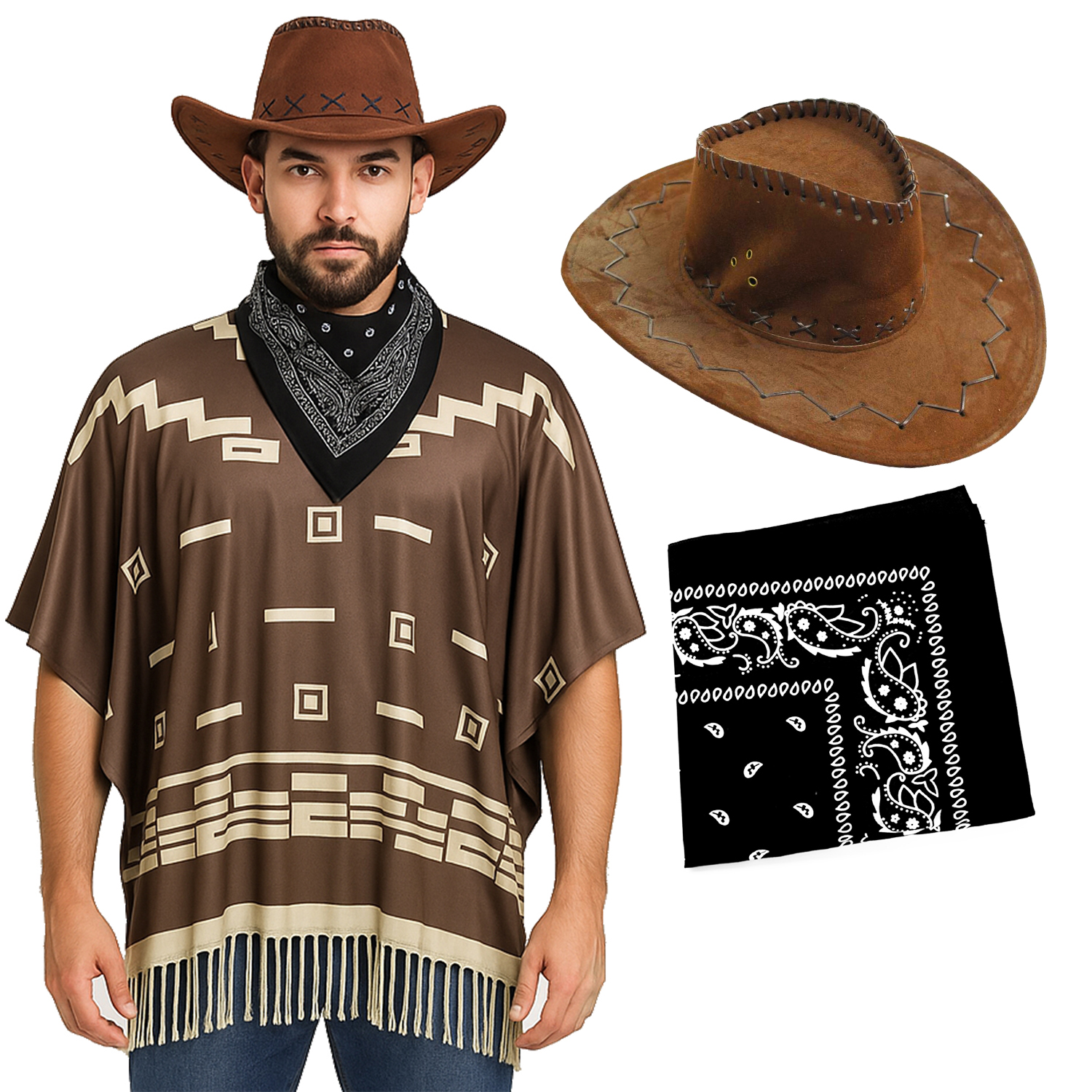 Adults Wild Western Costume | 3 Pcs | Brown Poncho, Black Bandana & Brown Suede Cowboy Hat