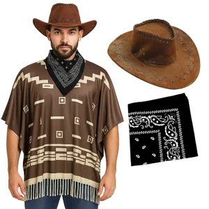 Adults Wild Western Costume | 3 Pcs | Brown Poncho, Black Bandana & Brown Suede Cowboy Hat