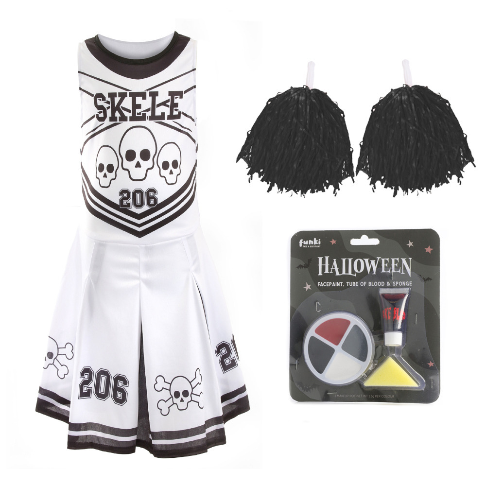 Girls Halloween Skeleton Cheerleader - Facepaint and Black Pom Poms