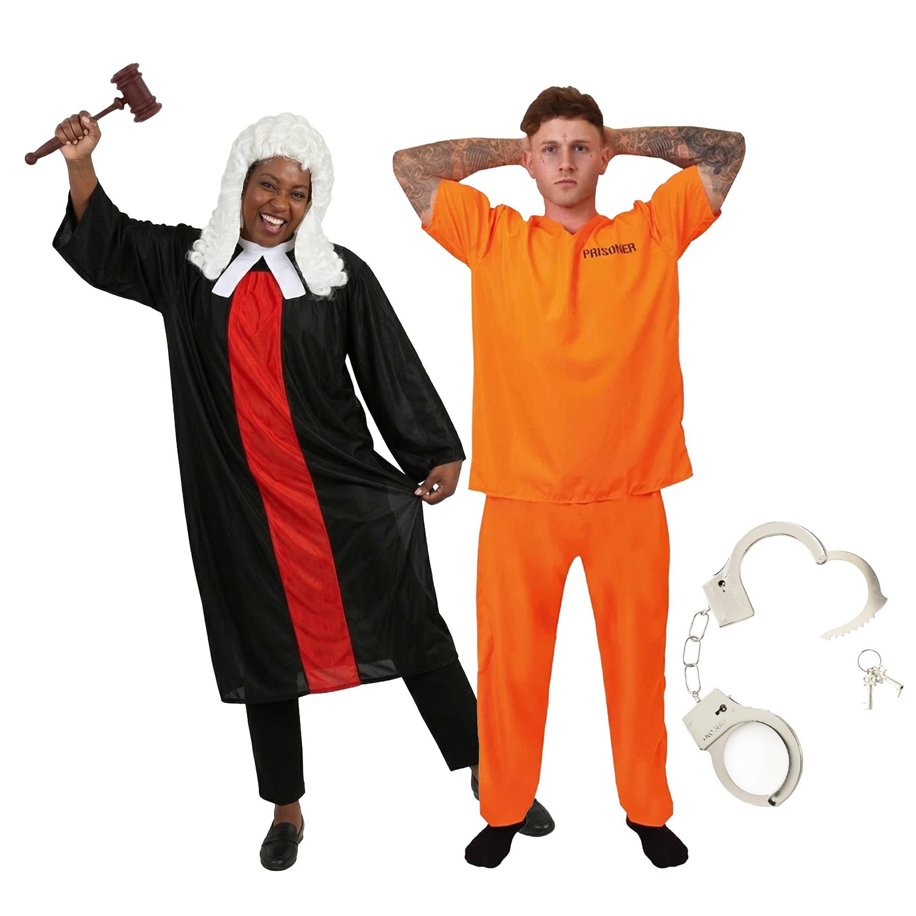 Adults Judge & Prisoner Couples Costume | 6 Pcs | Robe, Wig, Gavel, Top, Trousers & Hand Cuffs