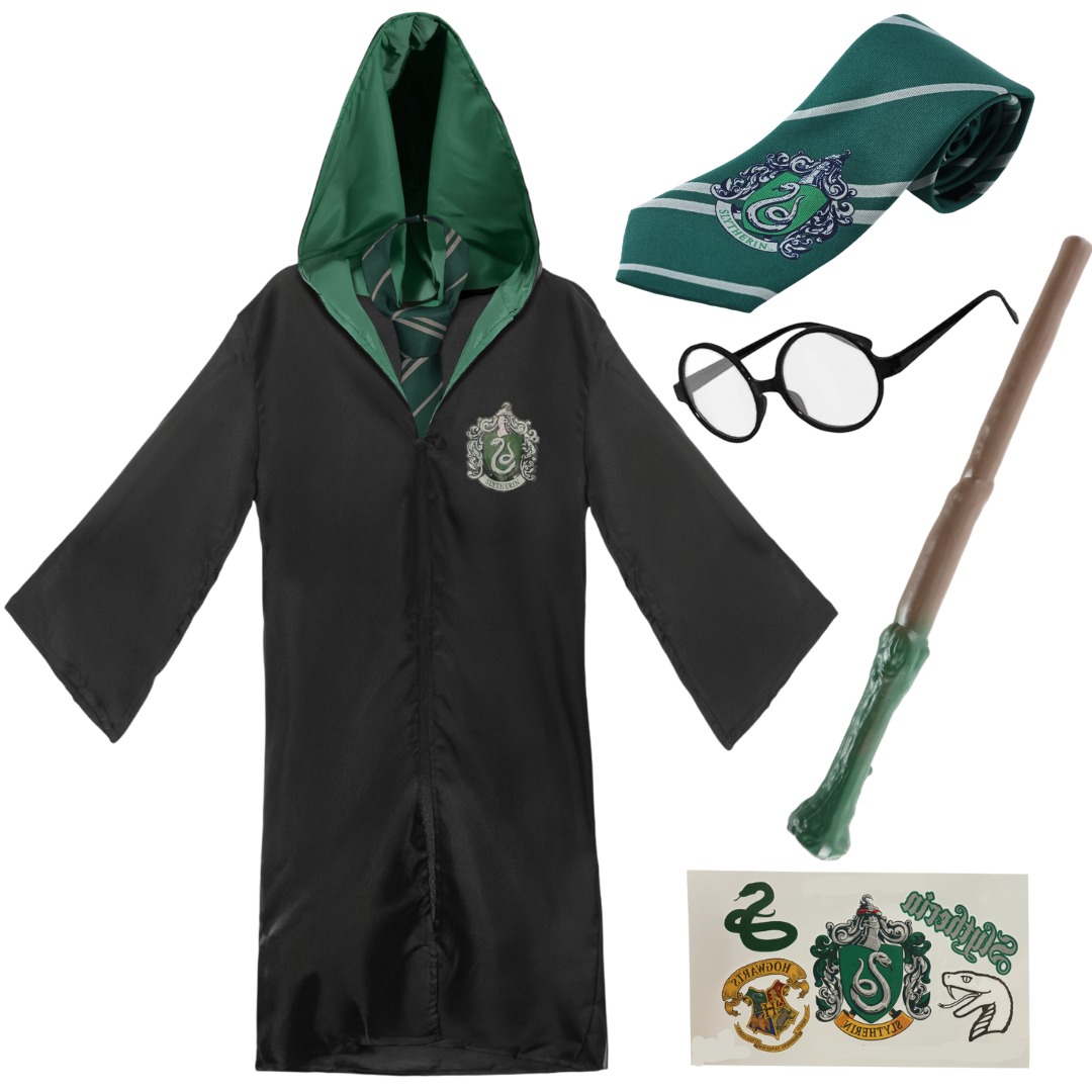 Adults Harry Potter Costume | 5 Pcs | Slytherin Cloak, Tie, Tattoos, Wand & Glasses