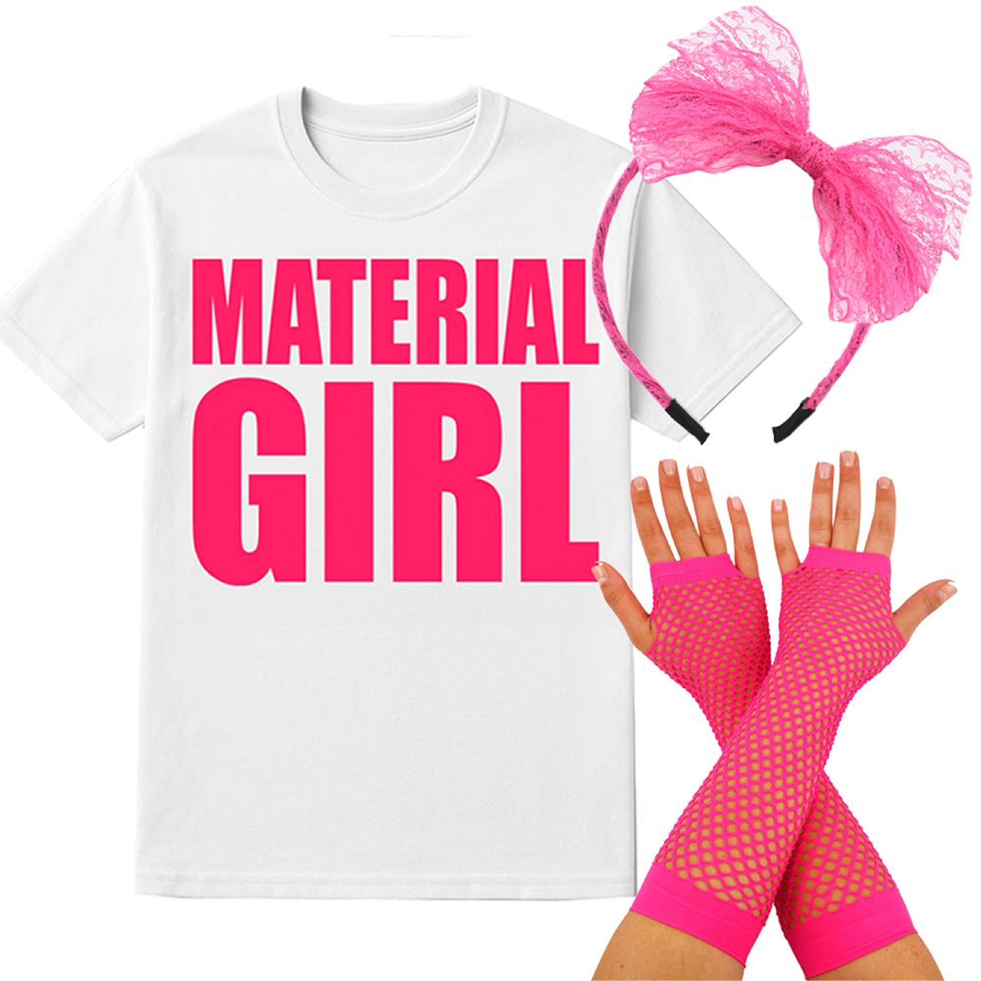 Ladies Material Girl Costume – Printed T-shirt, Gloves & Lace Headband