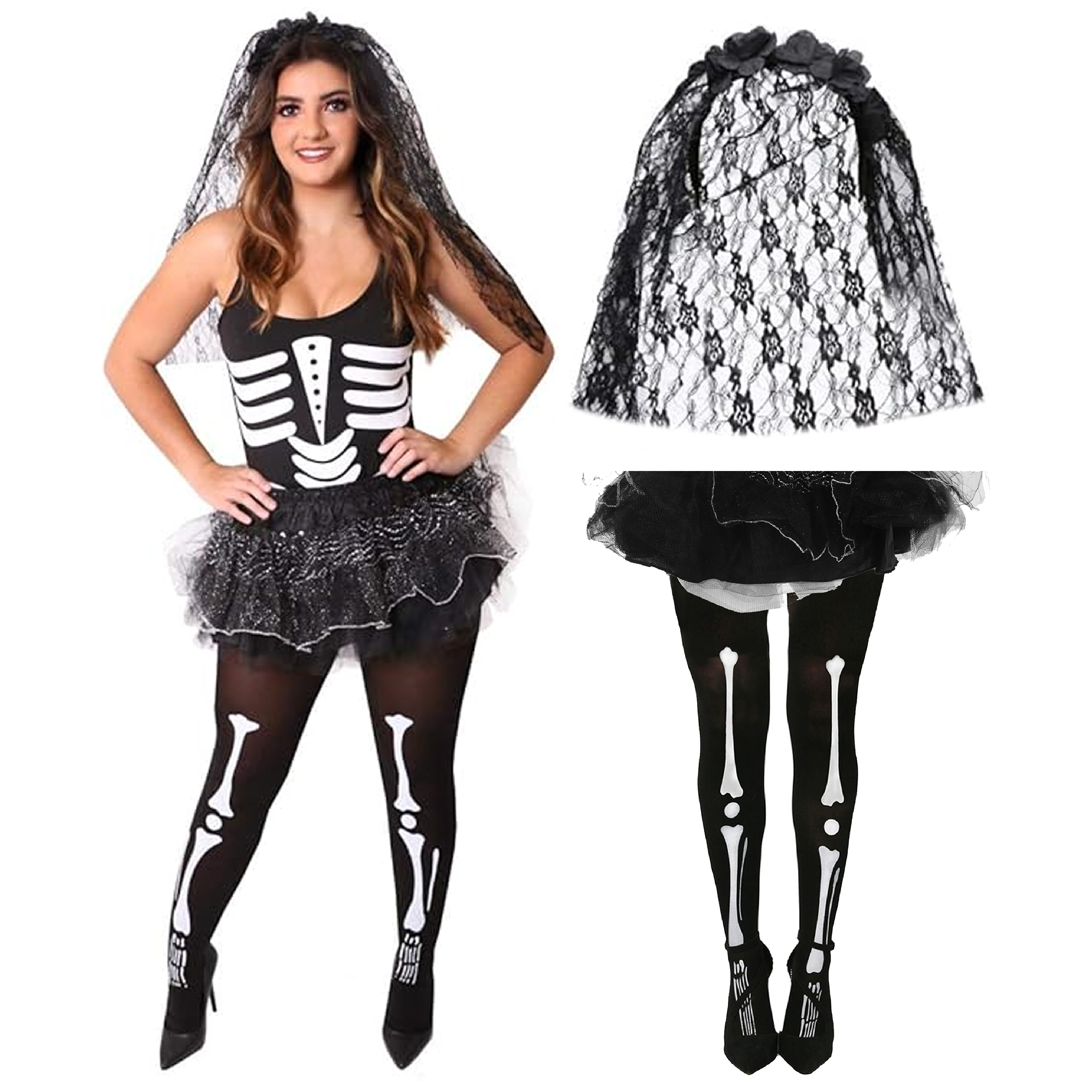 Ladies Skeleton Tutu Dress with Tights & Bride Veil