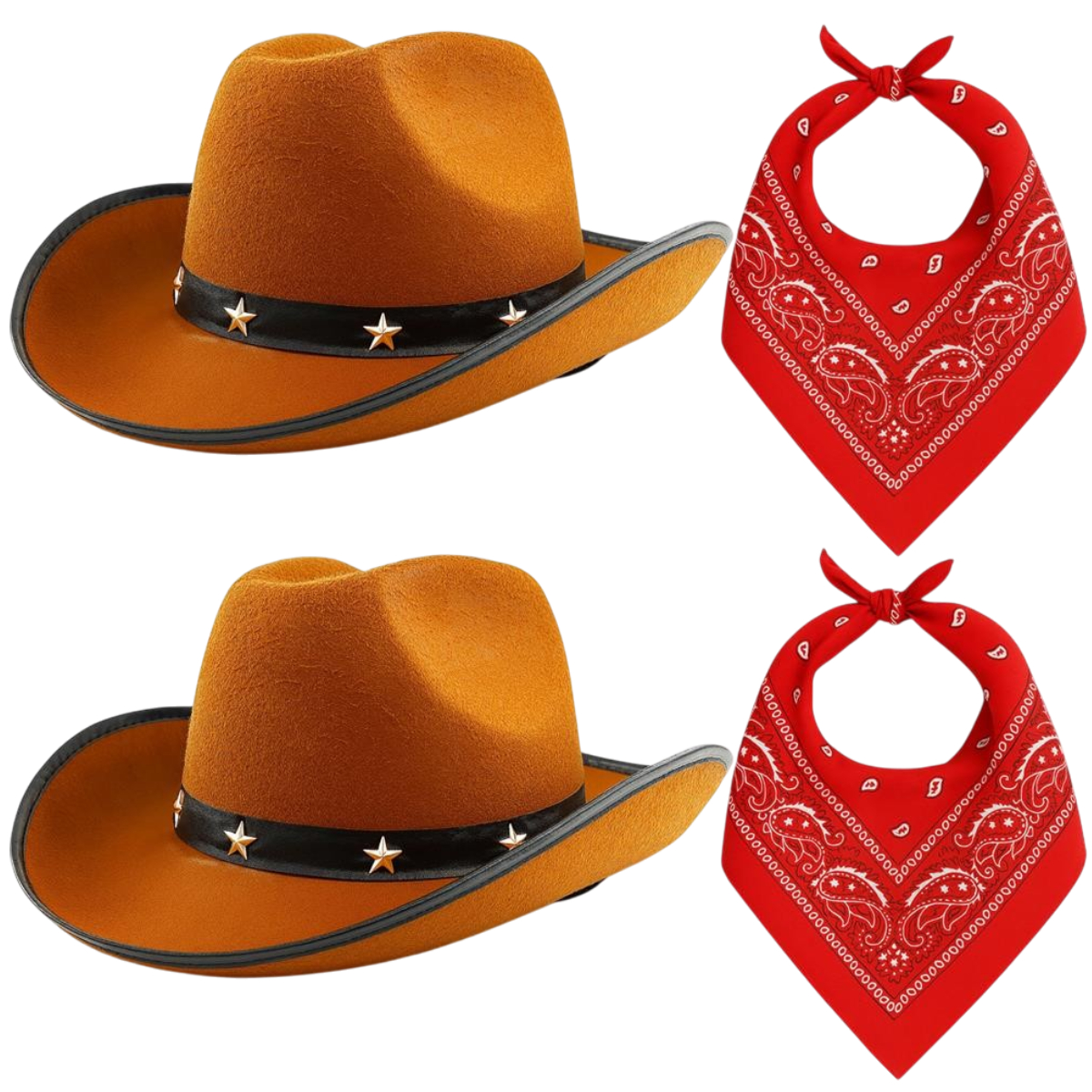Adults Brown Star Studded Cowboy Hats with Red Paisley Bandanas | Western Fancy Dress Accessory Set