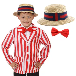 Kids Barbershop Costume - Red and White Striped Blazer + Straw Boater Hat + Bow Tie
