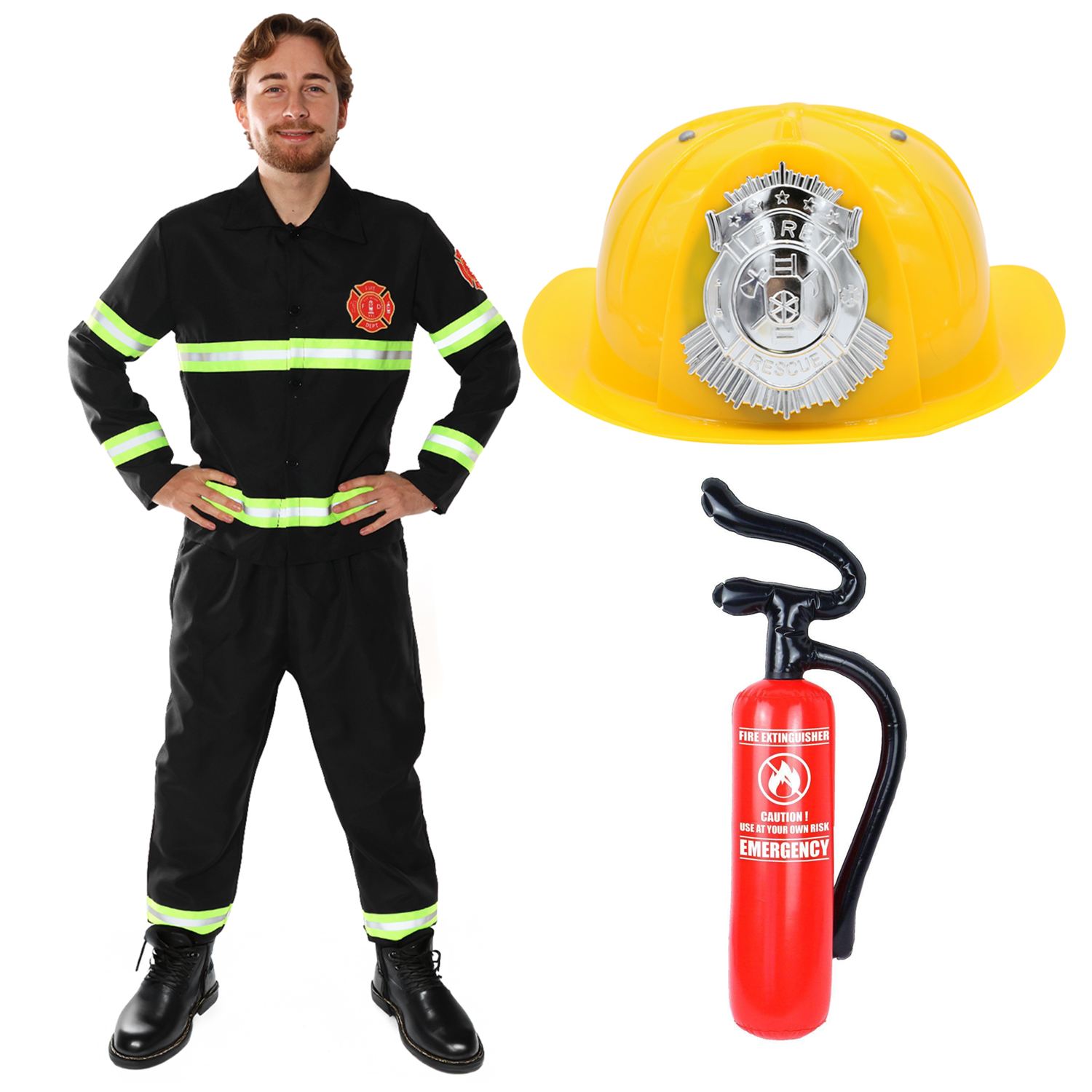 Adults Fireman Costume | 4 Pcs | Top, Trousers, Hat & Inflatable Fire Extinguisher