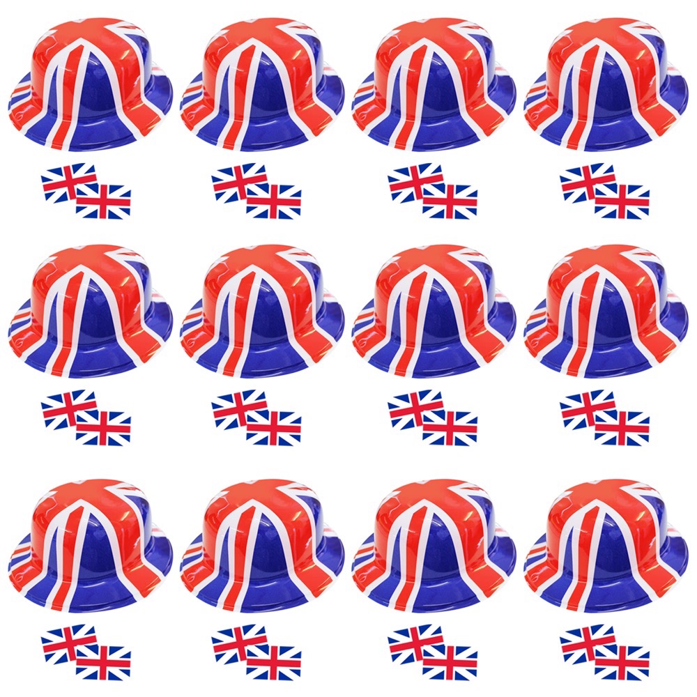 12 Union Jack Bowler Hats & 24 Union Jack Tattoos