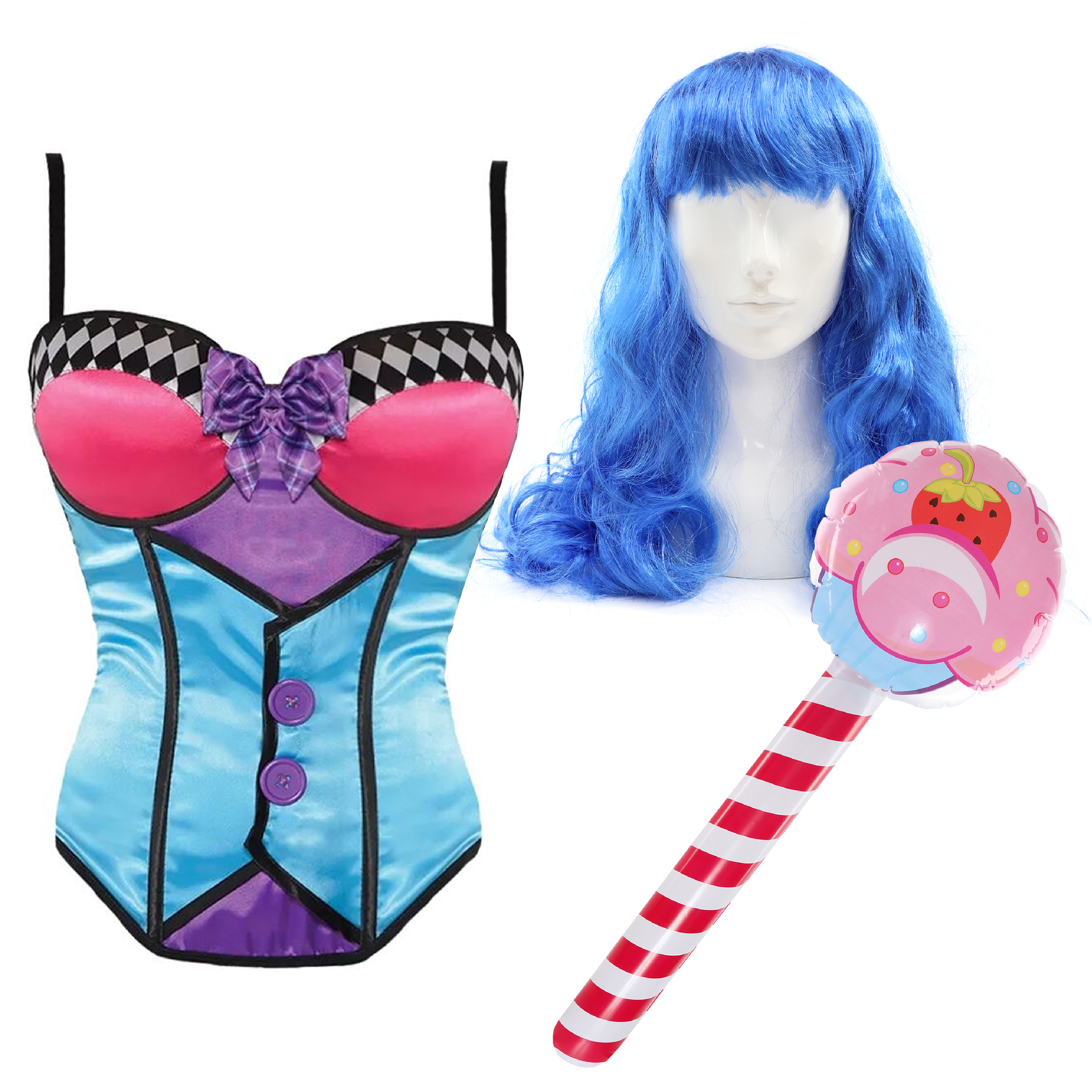 California Girl Costume Set - Corset, Wig & Inflatable Cupcake Stick