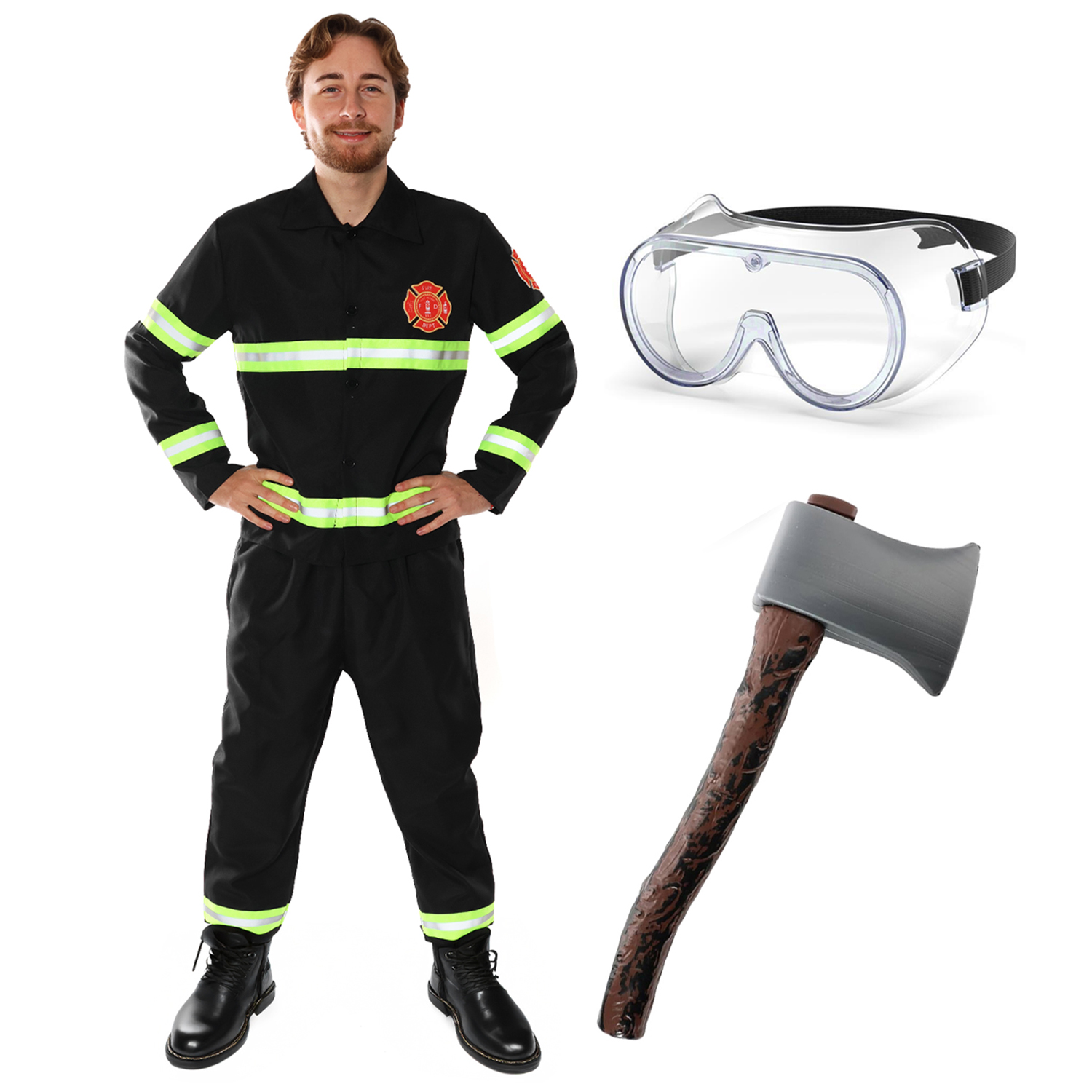 Adults Fireman Costume | 4 Pcs | Top, Trousers, Axe & Goggles