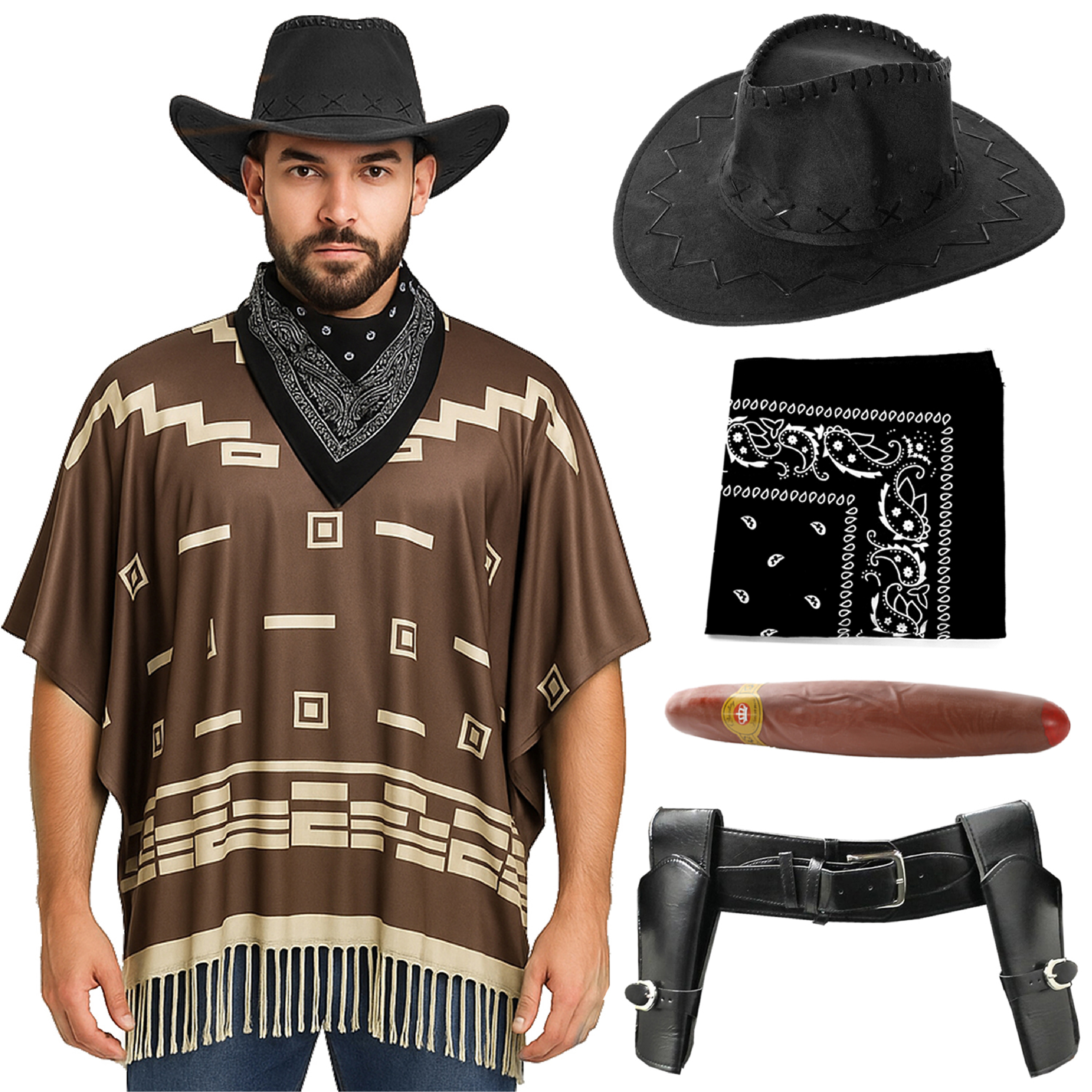 Adults Wild Western Costume | 5 Pcs | Brown Poncho, Cigar, Holster, Black Bandana & Black Suede Cowboy Hat