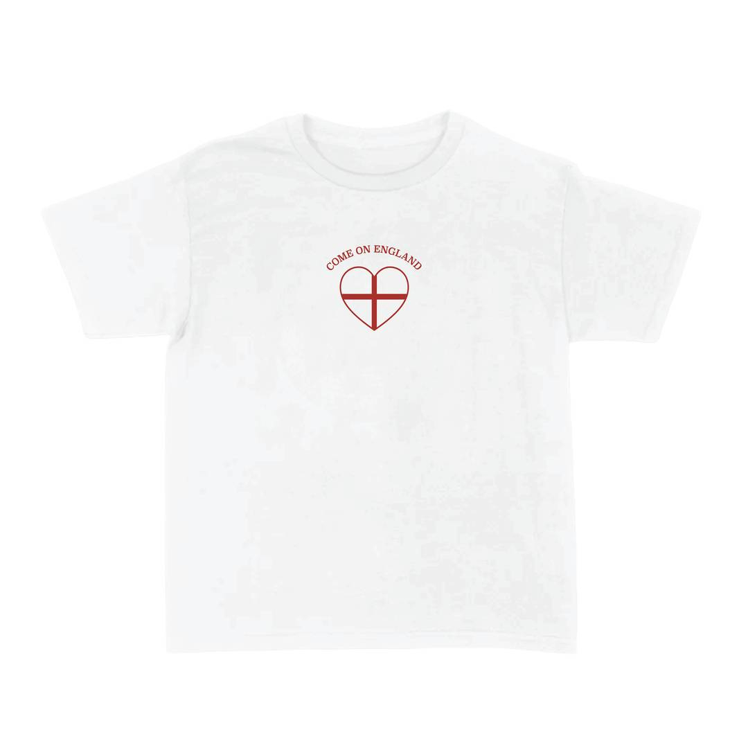 Ladies “Come on England” Heart Baby Tee | Women’s England Football Supporter Tee | White Slogan Top