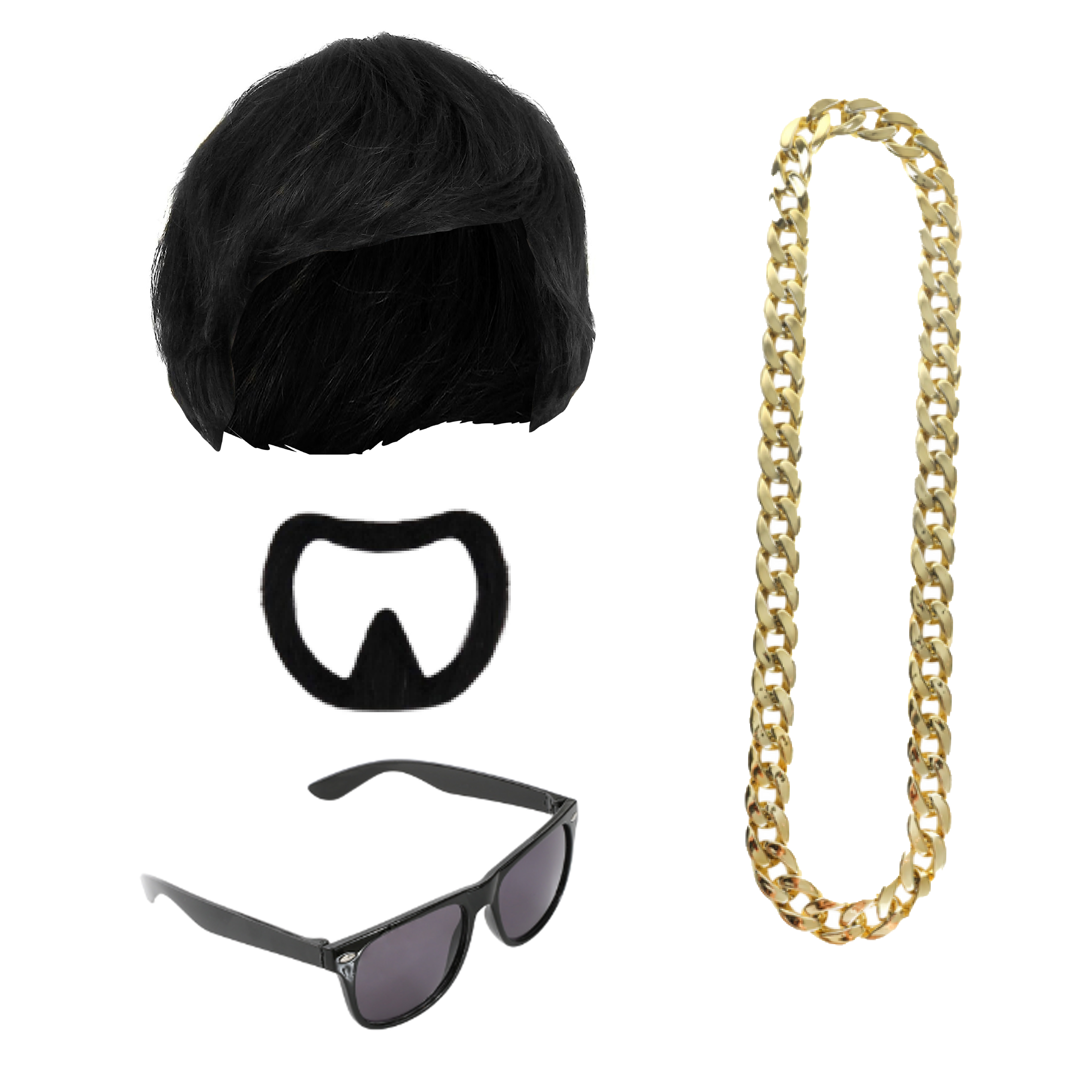 Ibiza Final Boss Costume Accessory Set | 4 Pcs | Wig, Chain, Black Sunglasses & Goatee