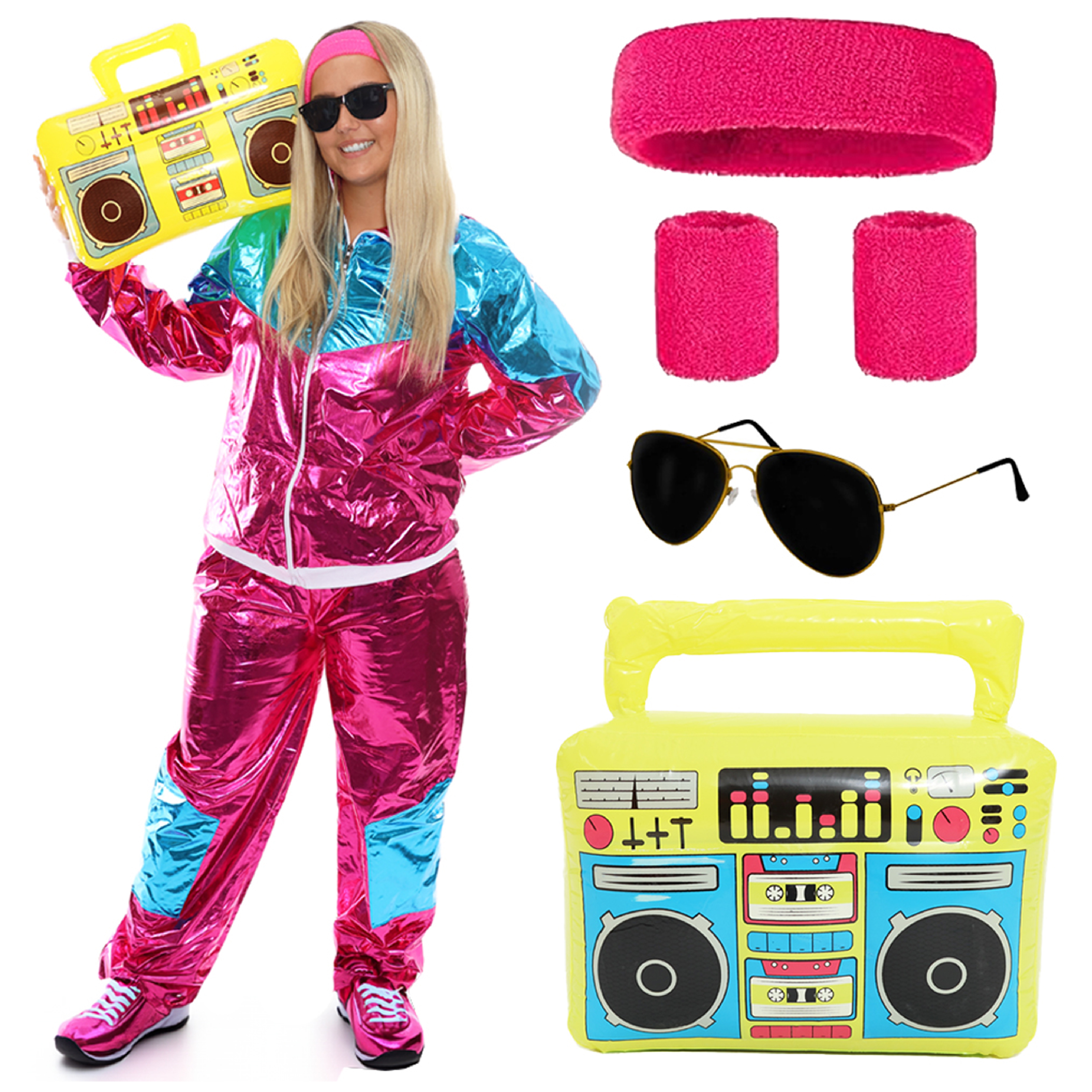 Ladies Pink & Blue Shell Suit Costume with Boombox & Accessories