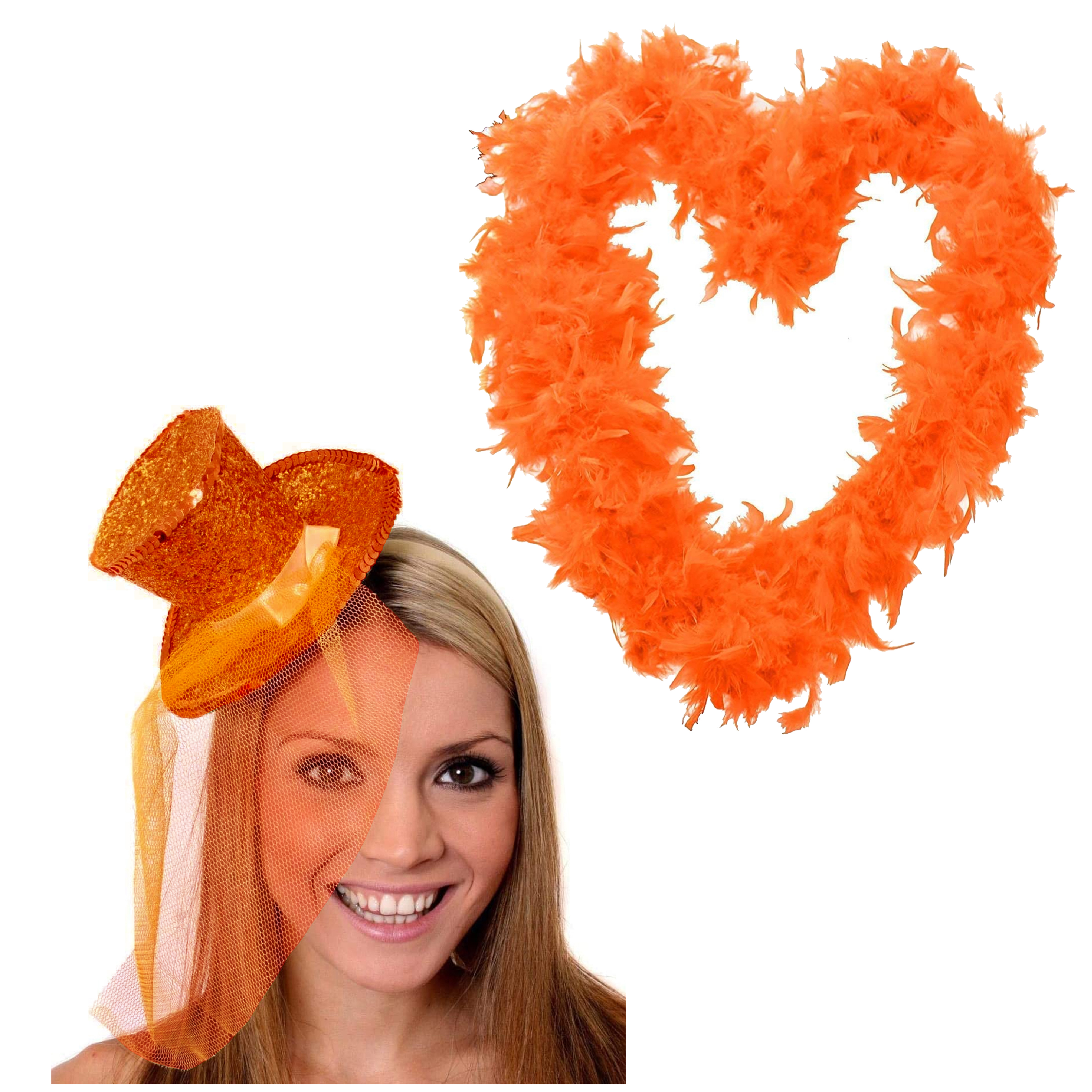 Orange Mini Glitter Fascinator Hat & Orange Feather Boa