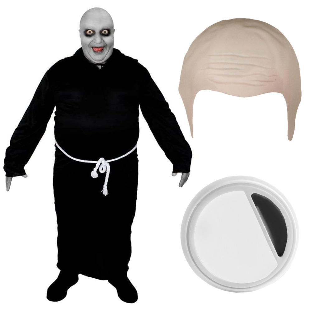 Adults Bald Festering Uncle Costume | 3 Pcs | Black Robe, Bald Cap & Face Paint