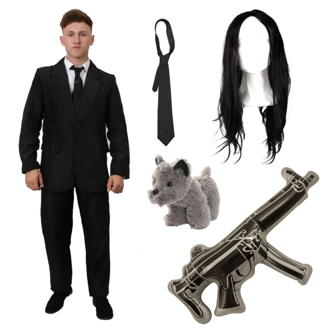Men's Retired Hitman Costume | 5 Pcs | Black Suit, Tie, Wig, Dog & Inflatable Gun