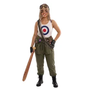 Ladies Tank Rebel Costume | 10 Pcs | Jumpsuit, Vest, Hat, Goggles, Gloves, Belt, Fake Cigarettes, Lip Sticks & Inflatable Bat