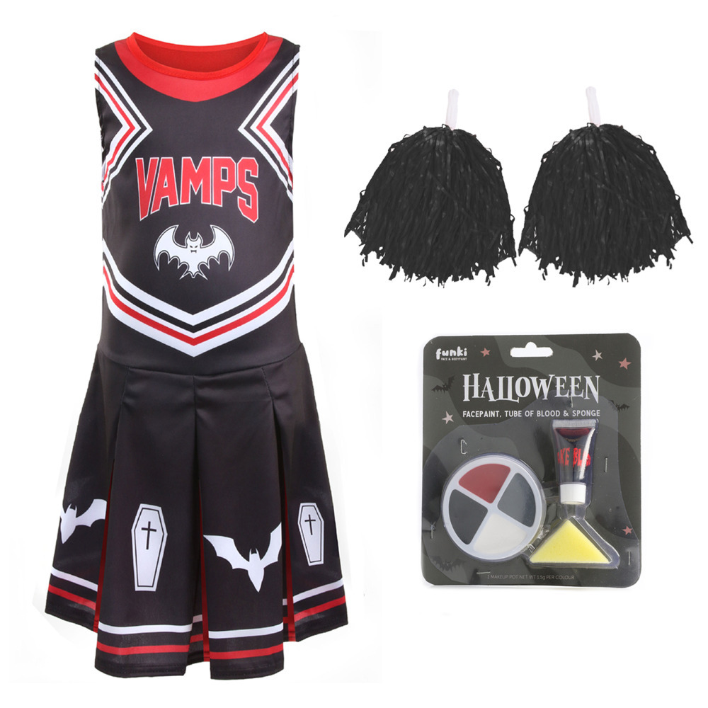 Girls Halloween Vampire Cheerleader - Facepaint, and Pom Poms