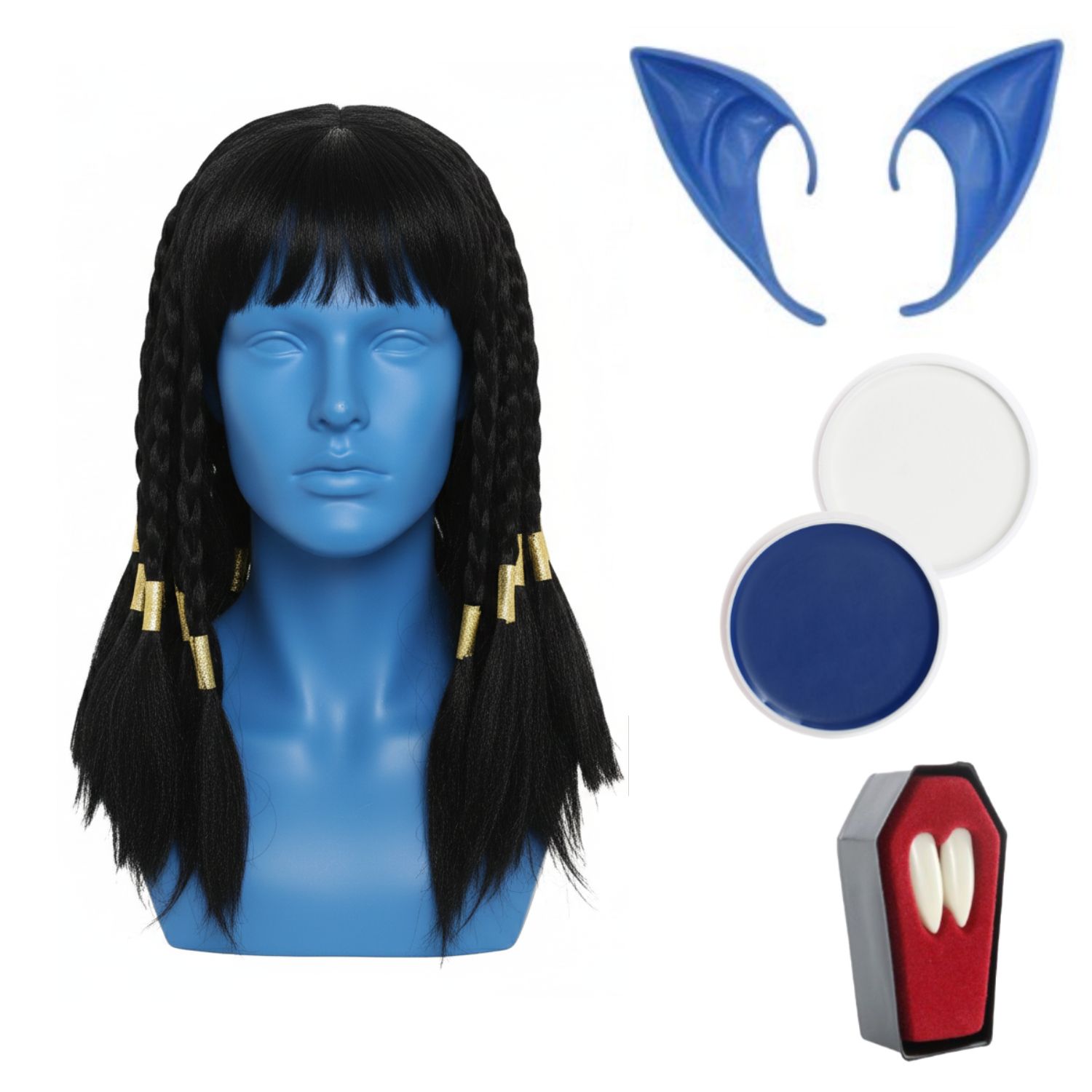 Adults Blue Alien Warrior Costume Set | 5 Pcs | Wig, Ears, Fangs, Blue & White Face Paint