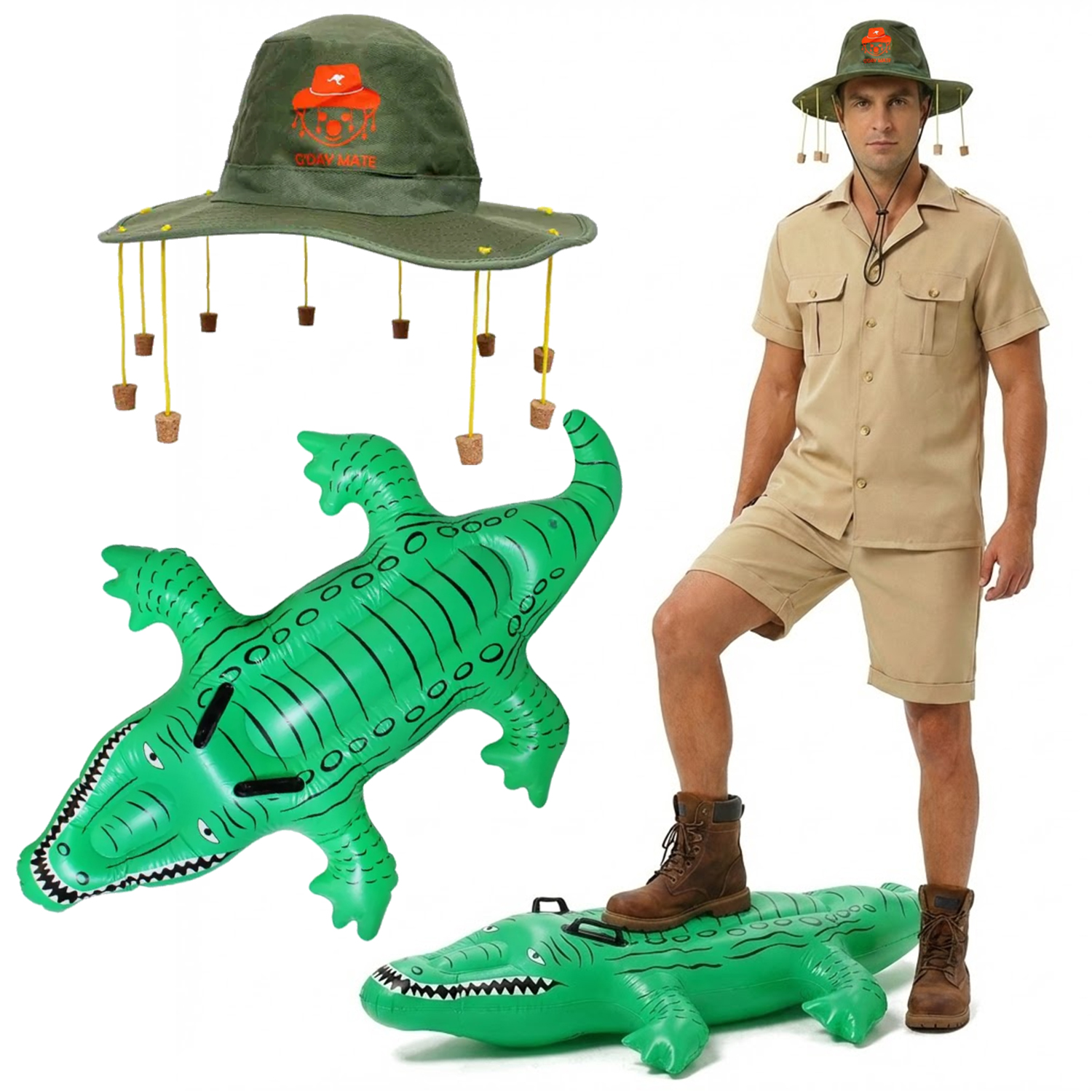 Adults Australian Explorer Costume | 4 Pcs | Shirt, Shorts, Koala Cork Hat & Inflatable Crocodile