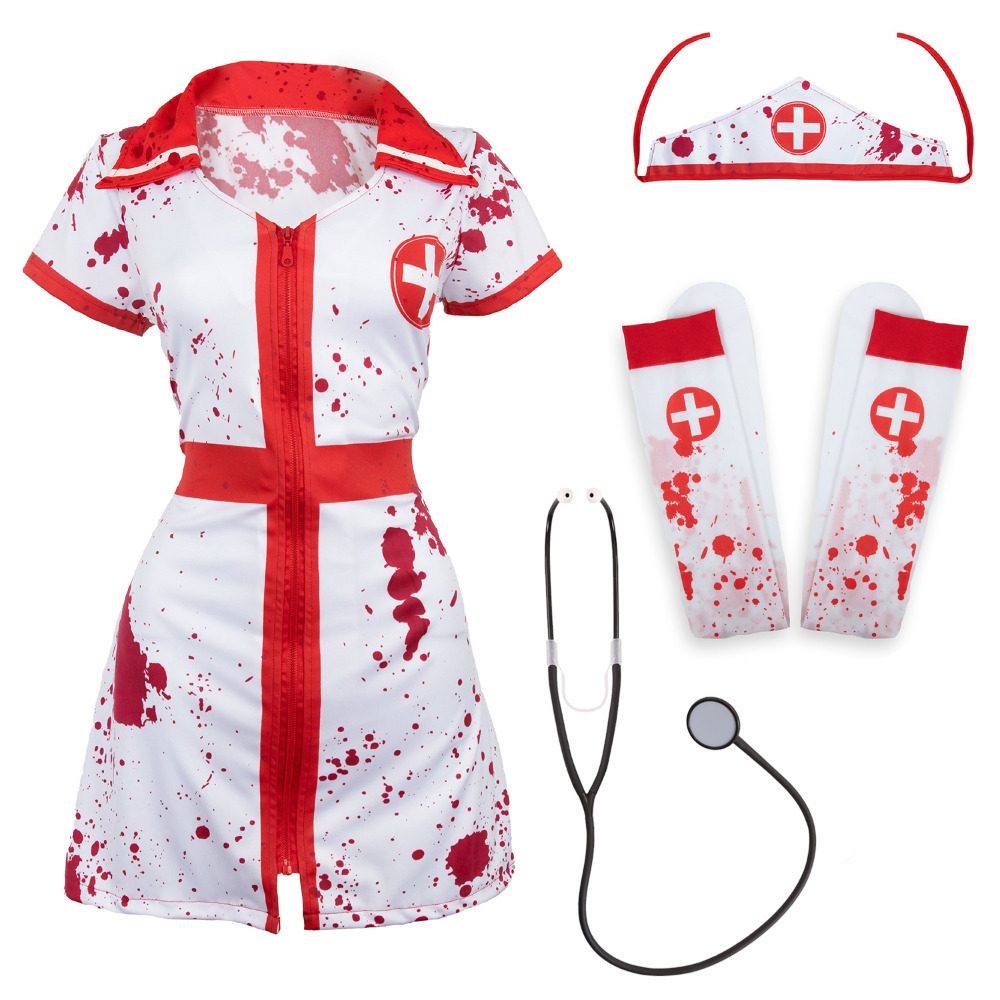 Ladies Bloody Nurse Costume | 4 Pcs | Dress, Headband, Stethoscope & Stockings