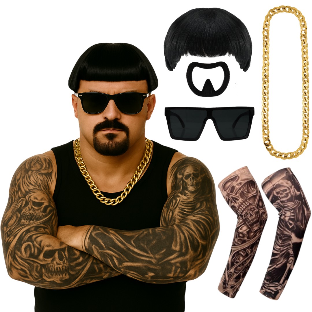 Ibiza Final Boss Costume Accessory Set | 5 Pcs | Wig, Chain, Black Square Sunglasses, Goatee & Tattoo Sleeves