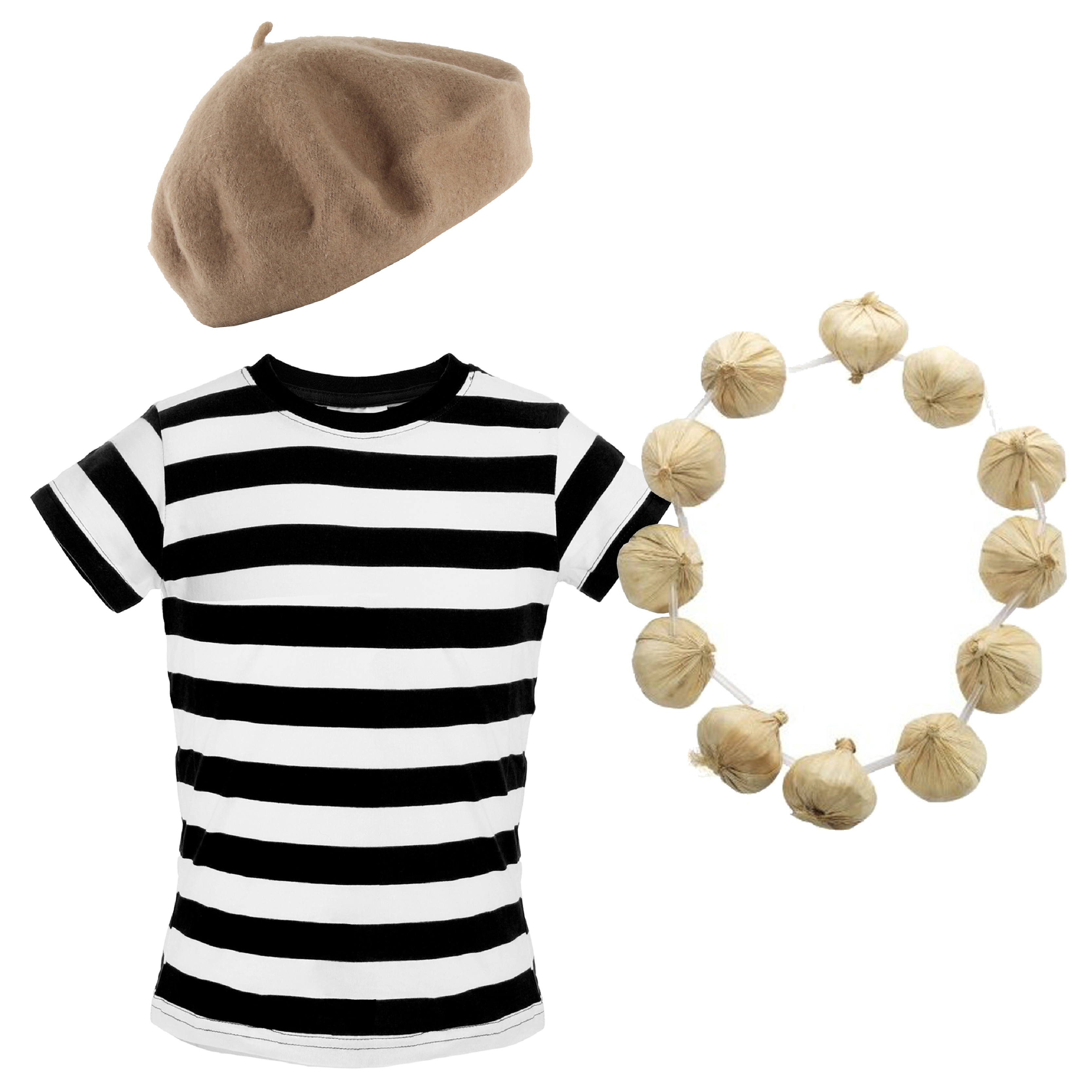 Childs French Costume Set - Striped Top, Brown Beret & Garlic Garland