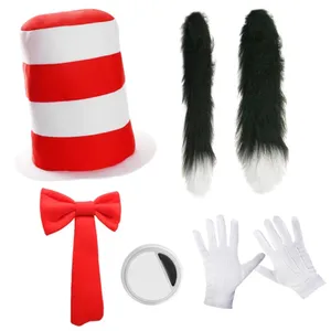Adults Crazy Cat Accessory Set - Striped Hat, Red Tie, Fluffy Tail, White Gloves & Black/White Face Paint