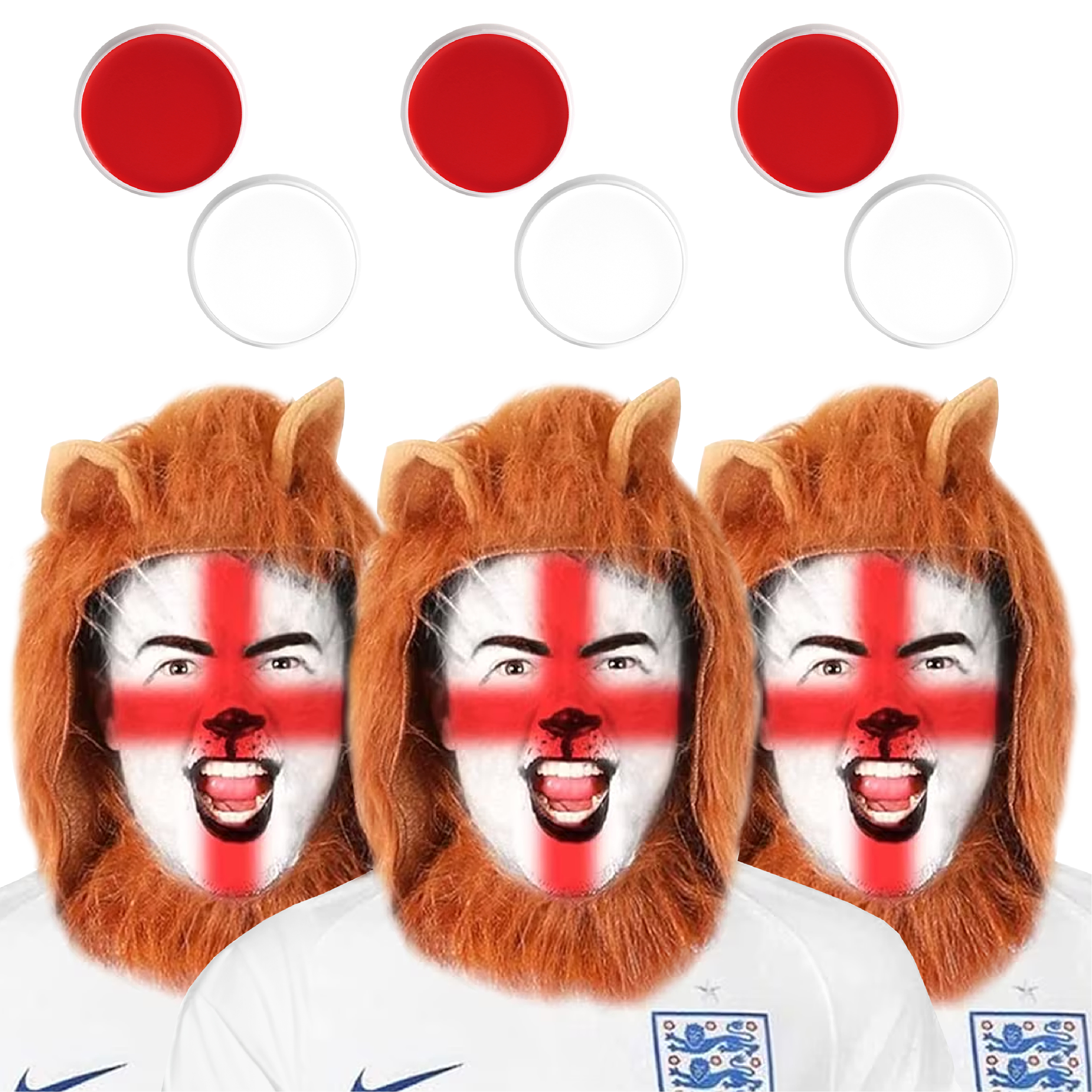 Three Lions England Supporters Set - Lion Manes & Face Paint
