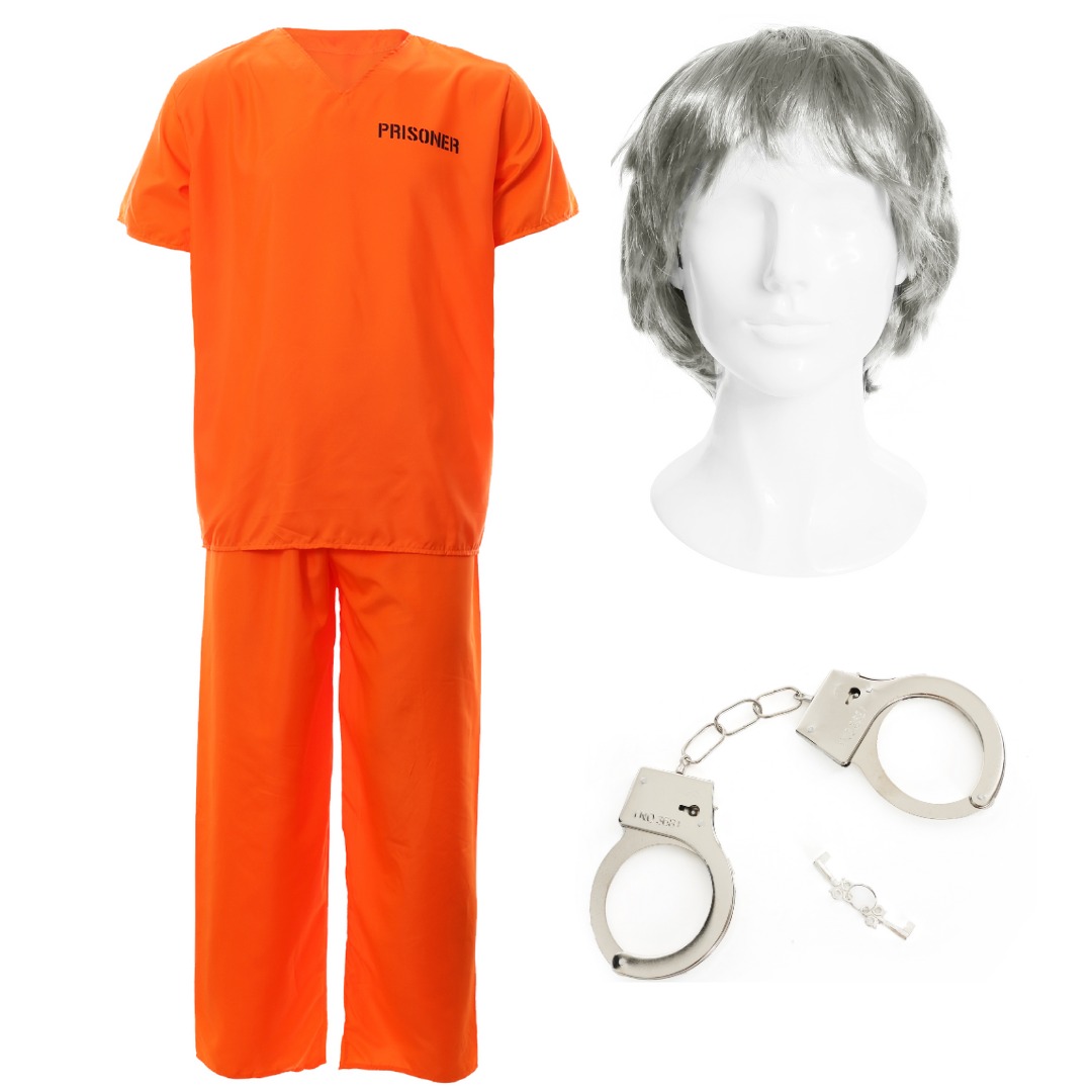 Adults Island Prisoner Costume | 4 Pcs | Top, Trousers, Wig & Cuffs