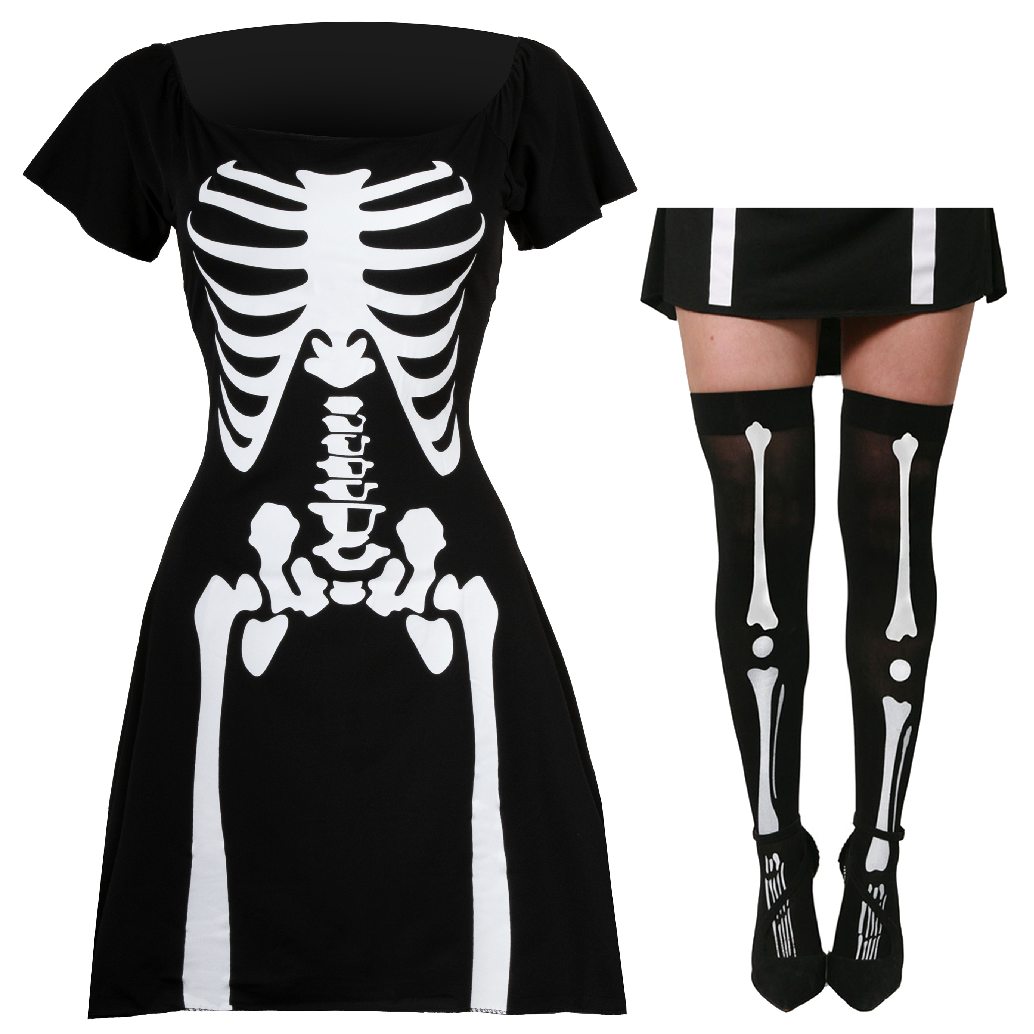 Ladies Skeleton Skater Dress & Stockings