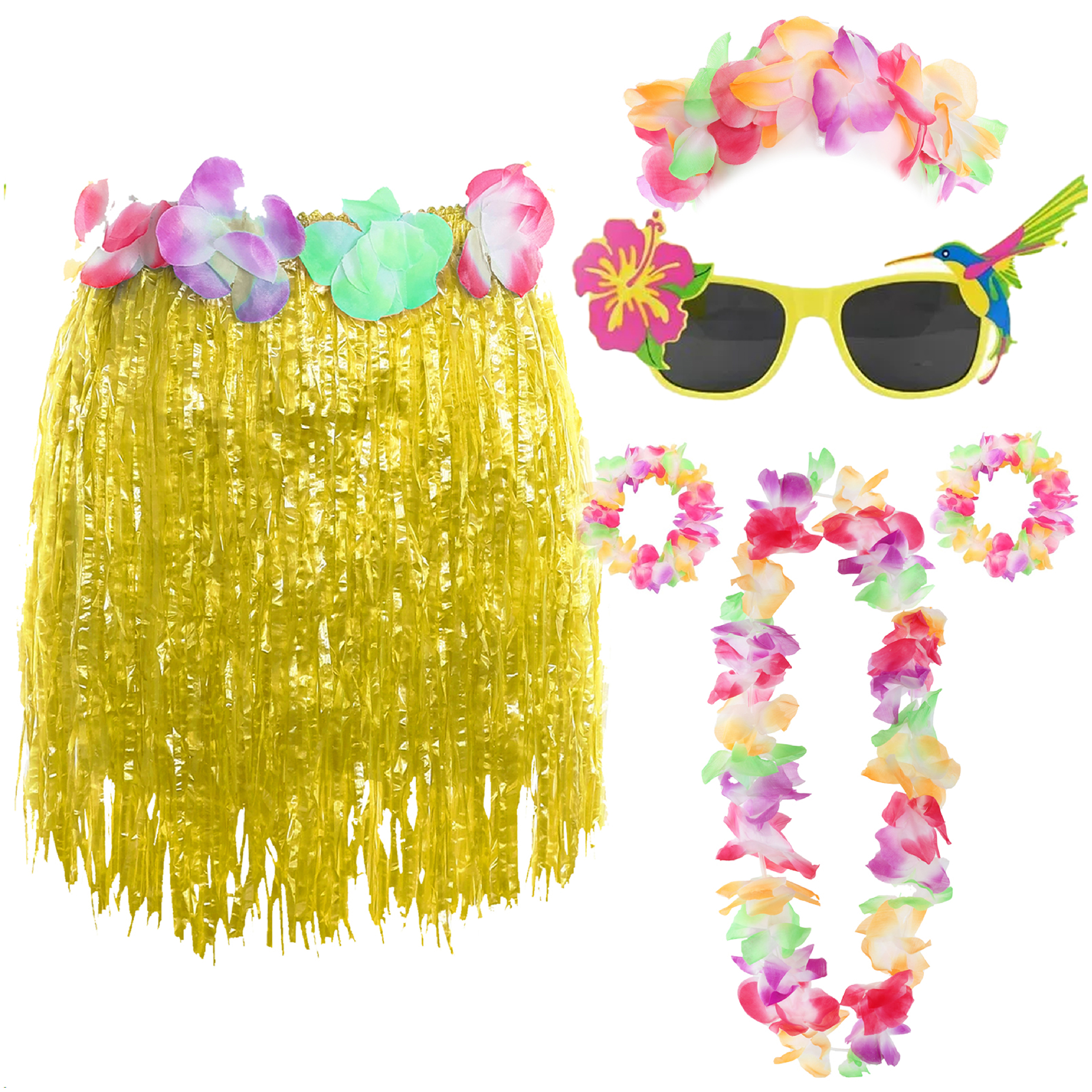 Yellow Hula Skirt with Flower Lei & Glasses Set