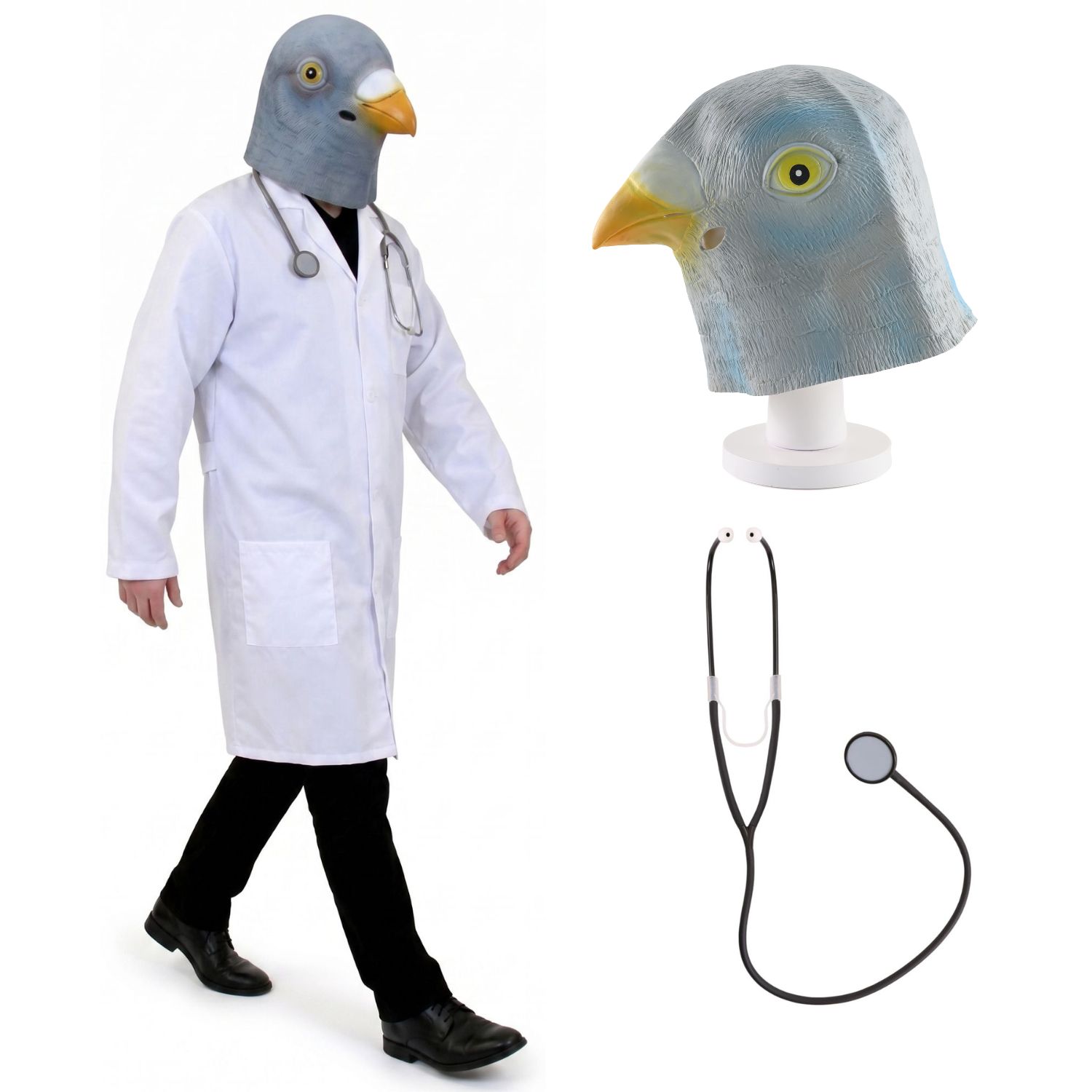 Adults Funny Viral Pigeon Doctor Costume | 3 Pcs | Lab Coat, Pigeon Mask & Stethoscope