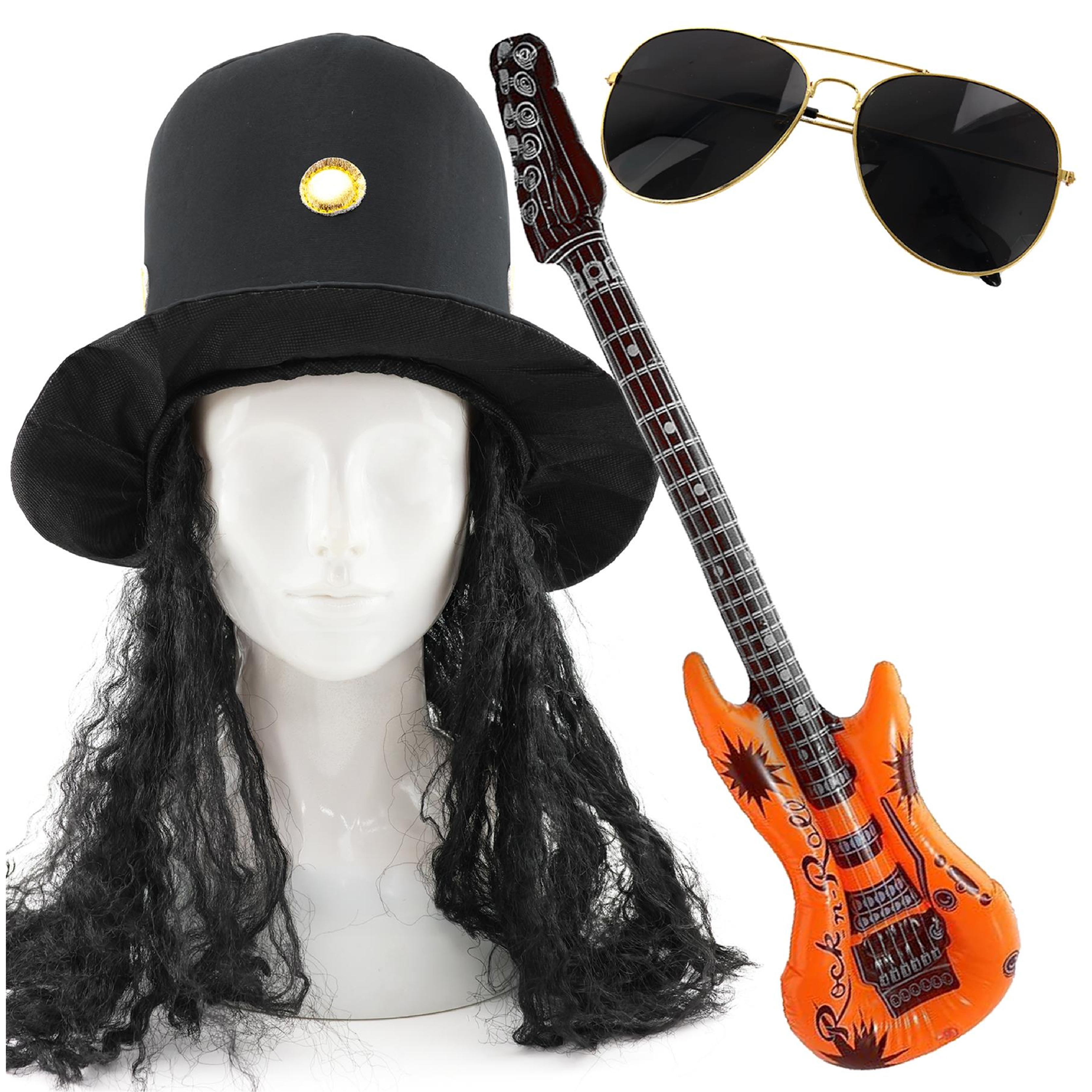 Adults Guitar Hero Costume Set – Rock Star Hat, Glasses & Inflatable Guitar