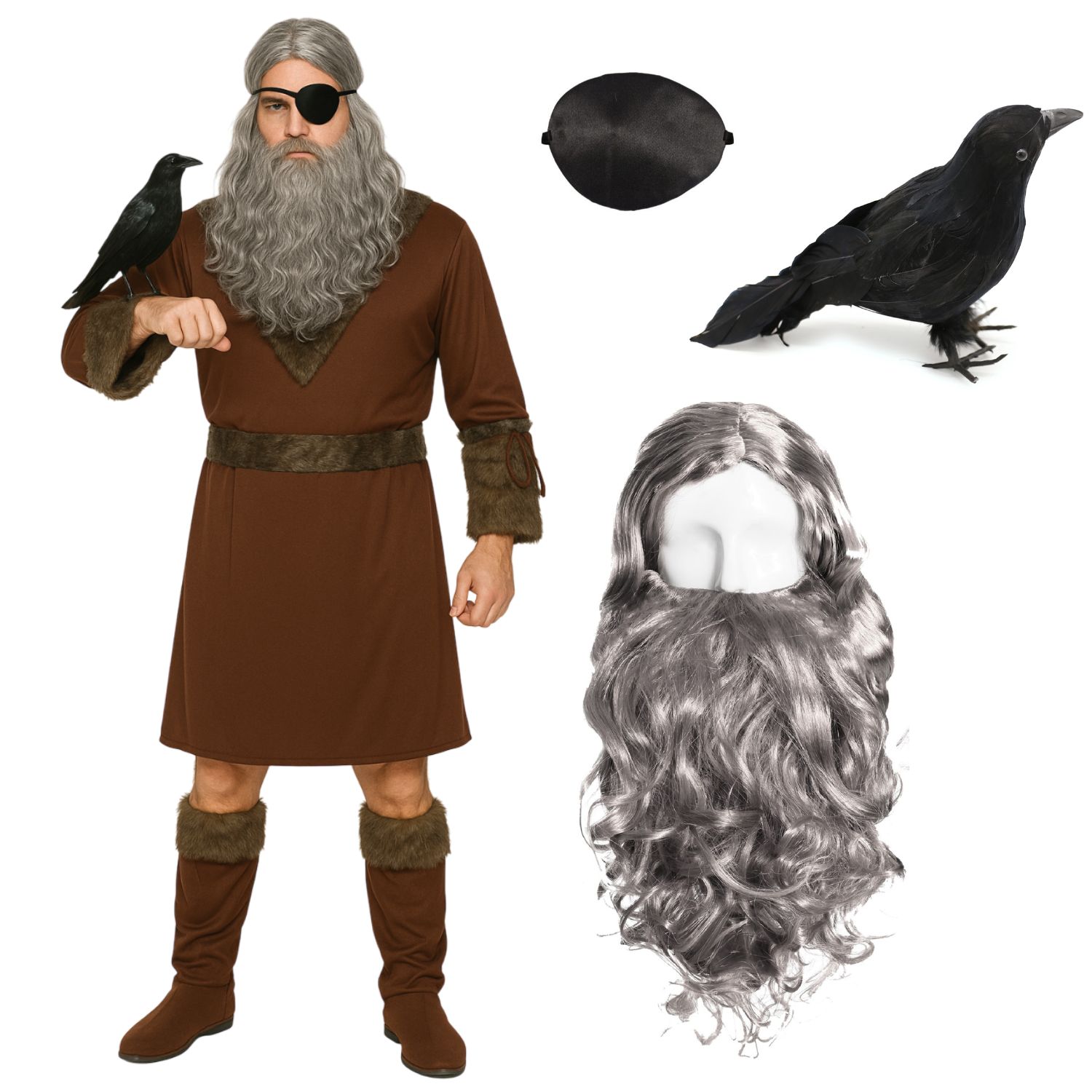 Men's Odin Costume | 5 Pcs | Tunic, Eye Patch, Crow, Wig & Beard