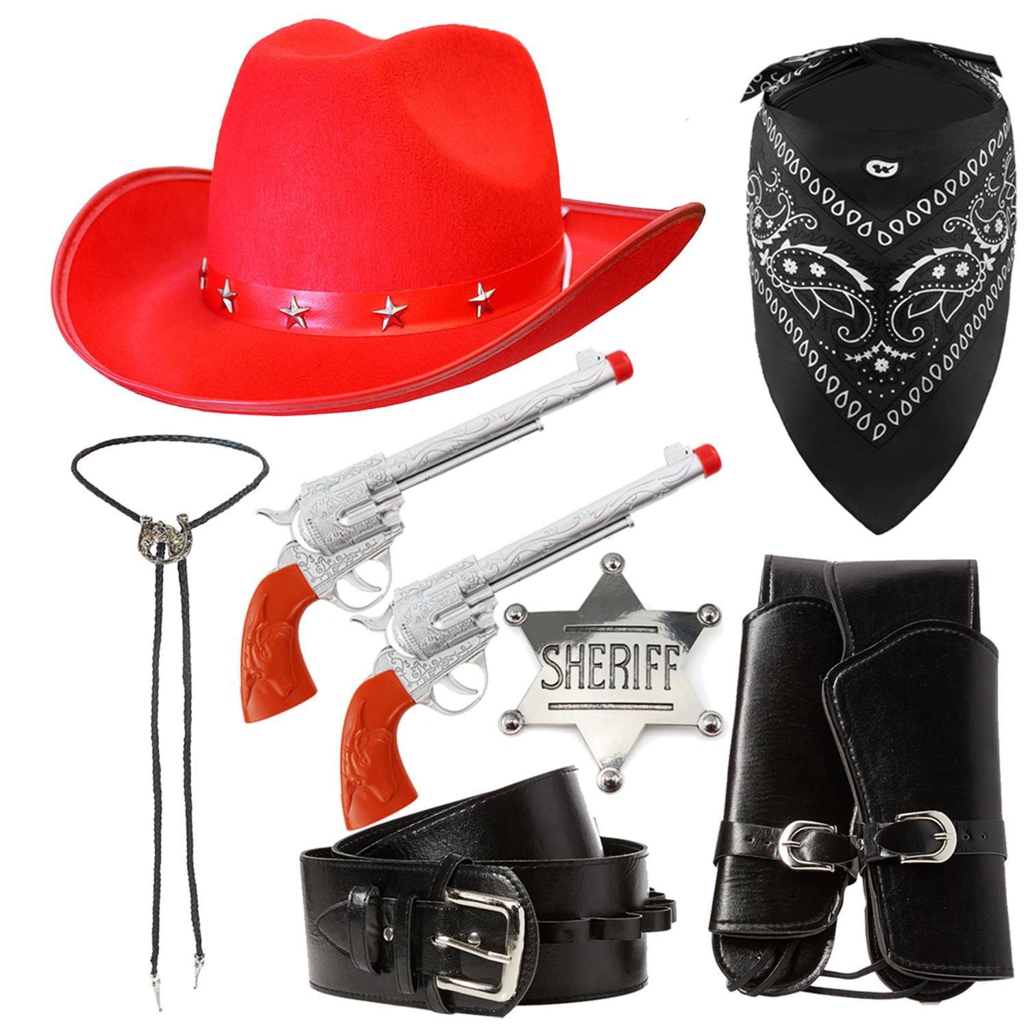 Adults Cowboy Accessory Set | 6 Pcs | Red Studded Hat, Plastic Pistols, Bandana, Holster, Badge & Bootlace Tie