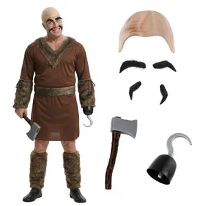 Adults Pub Thug Dreamer Costume | 7 Pcs | Tunic, Boot Covers, Bald Cap, Eyebrows, Tash, Axe & Hook Hand