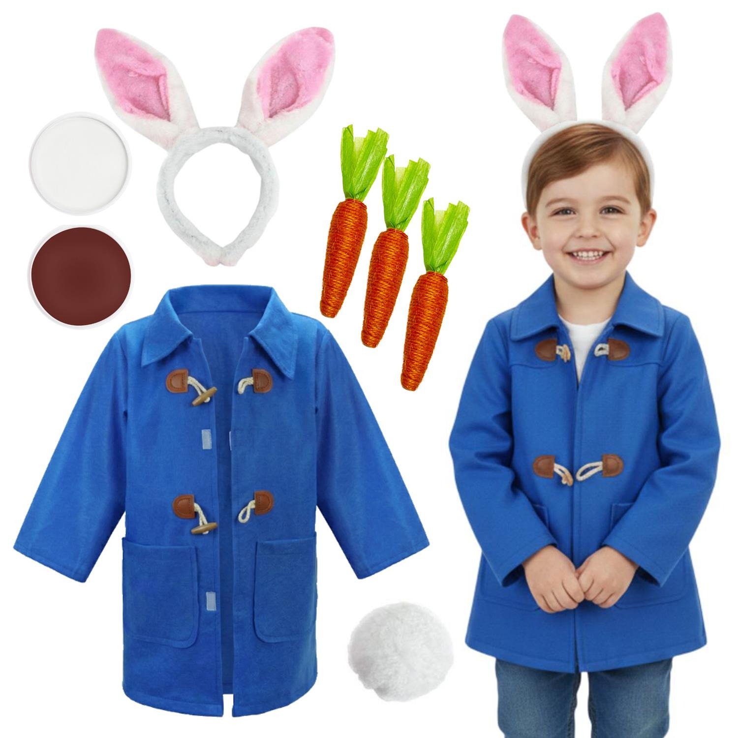 Kids Mischievous Rabbit Costume | 6 Pcs | Blue Jacket, Ears, Tail, Brown, White Face Paint & Carrots