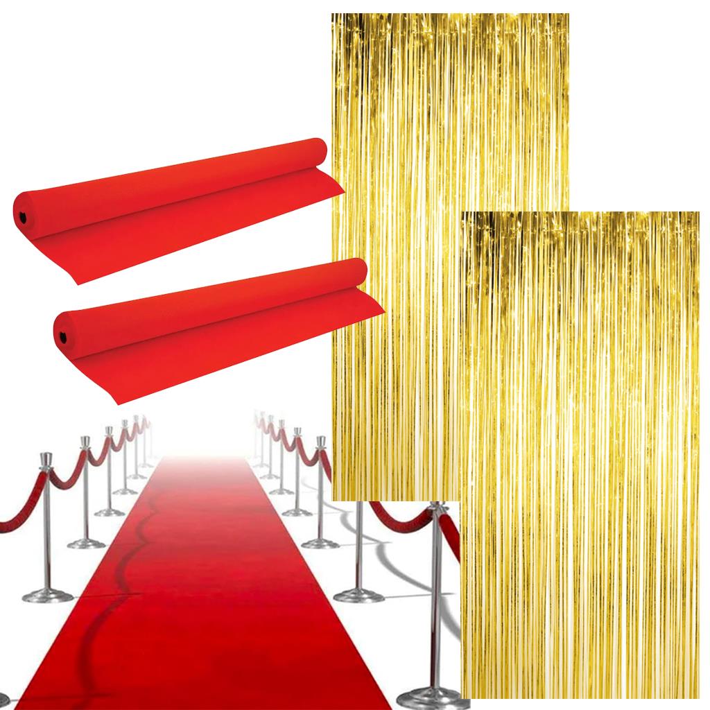 Hollywood Party Decoration Set - Red Carpet Runners & Gold Foil Door Curtains