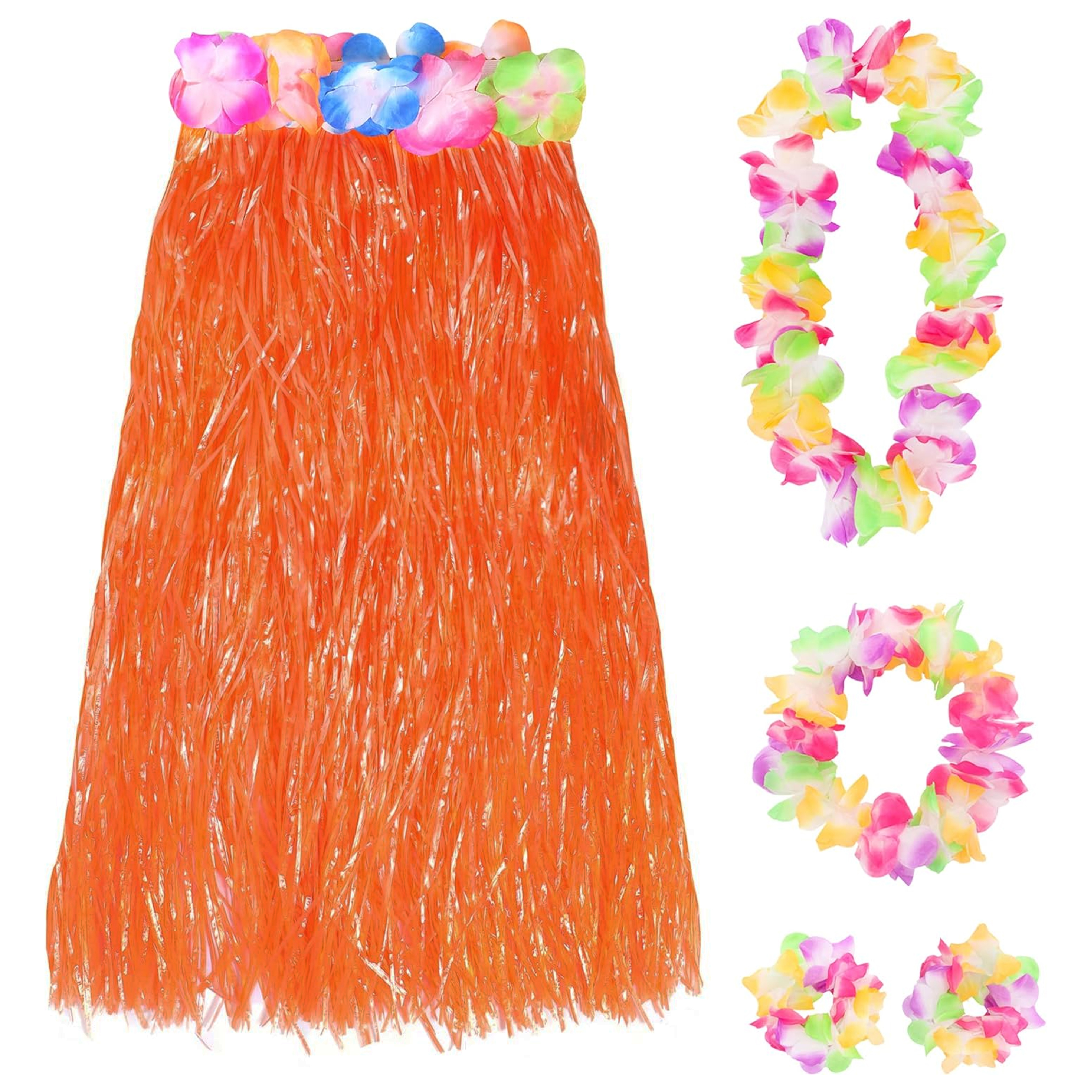 80cm Hawaiian Long Orange Hula Skirt & Lei