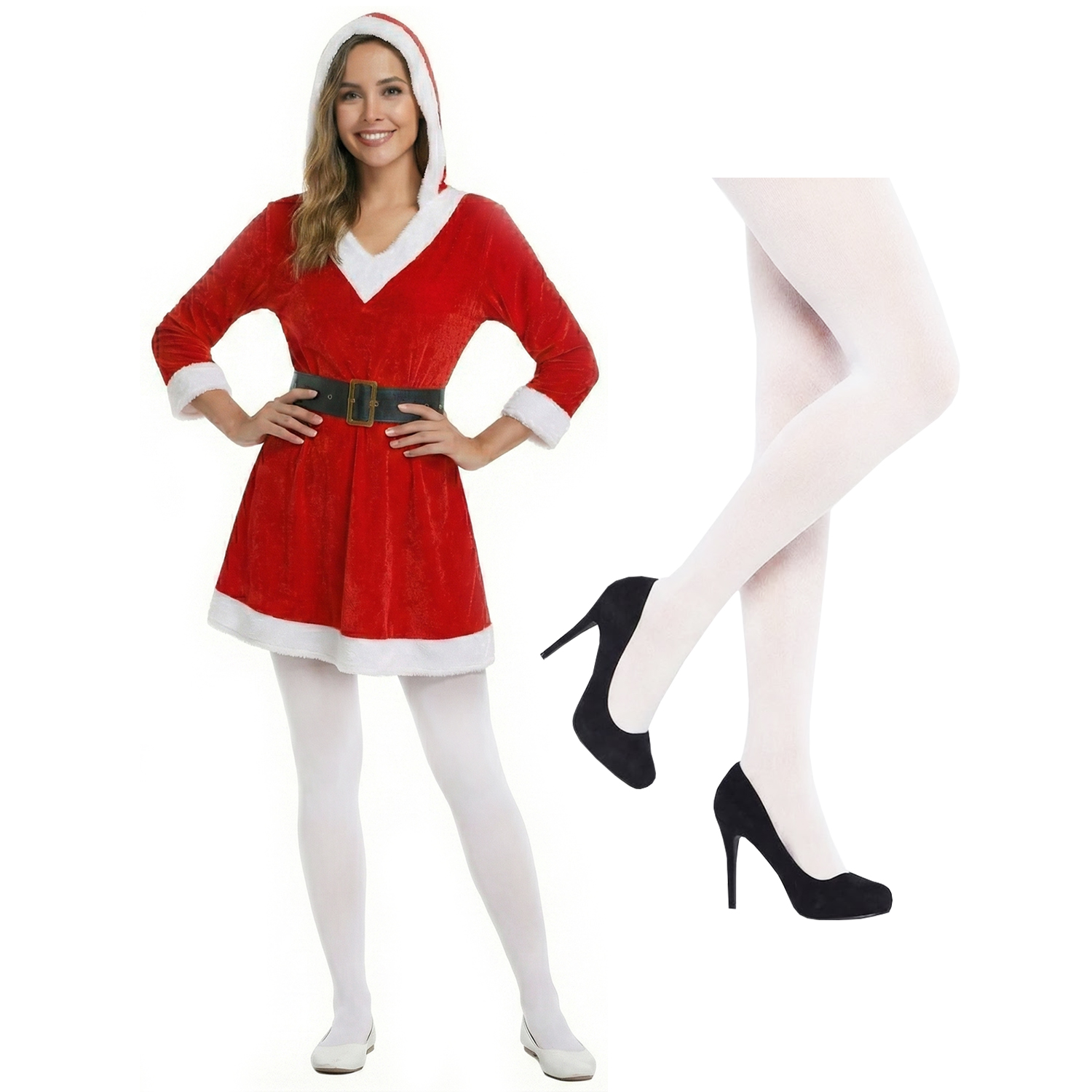 Ladies Hooded Miss Santa Dress with Tights