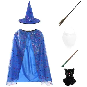 Girls Blue Witch Costume Set - Black Cat, Beard, Wand & Broom
